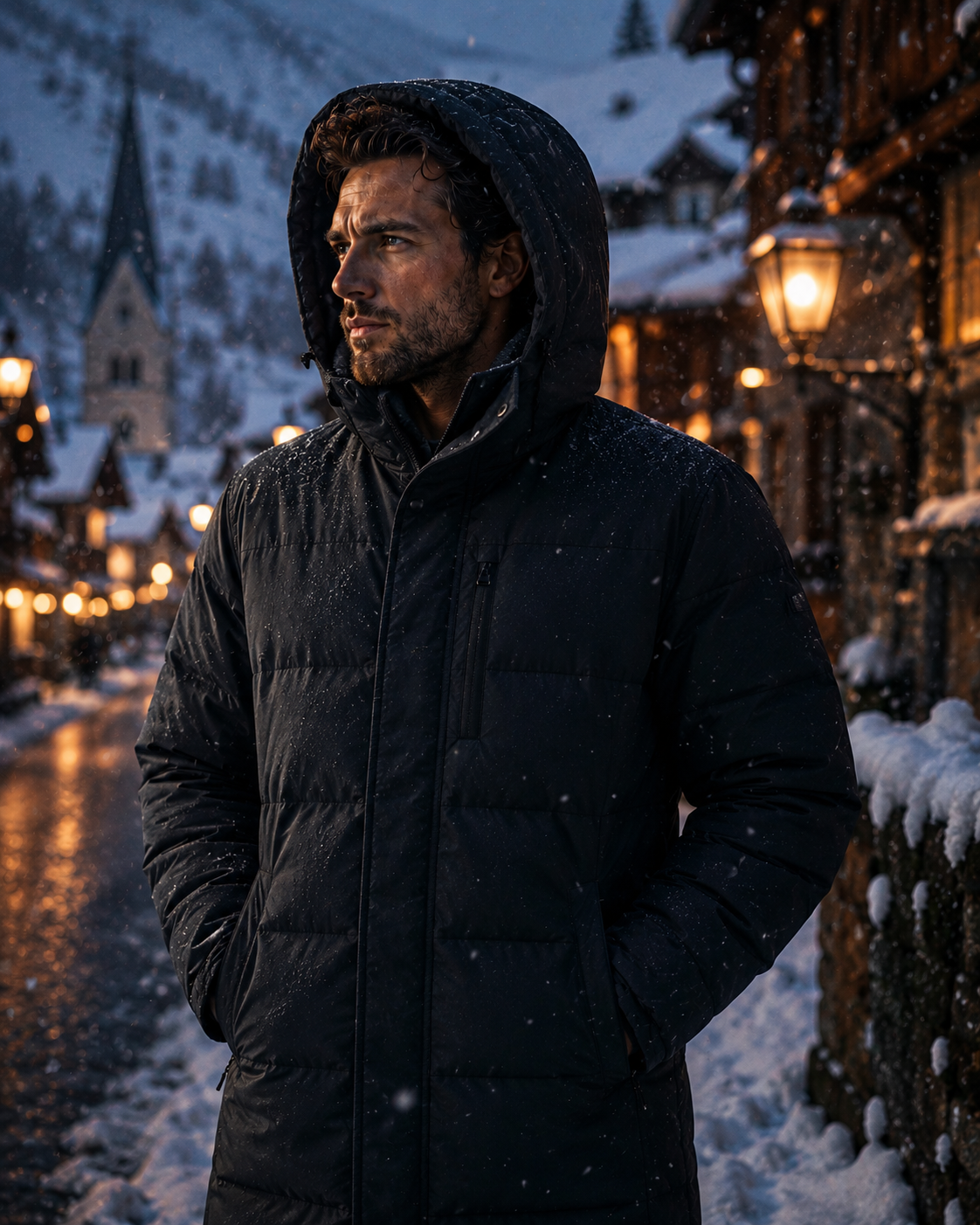Man in a dark padded winter coat in falling snow in an alpine village - Winter Coats & Padded Jackets collection, Lupo Delle Alpi