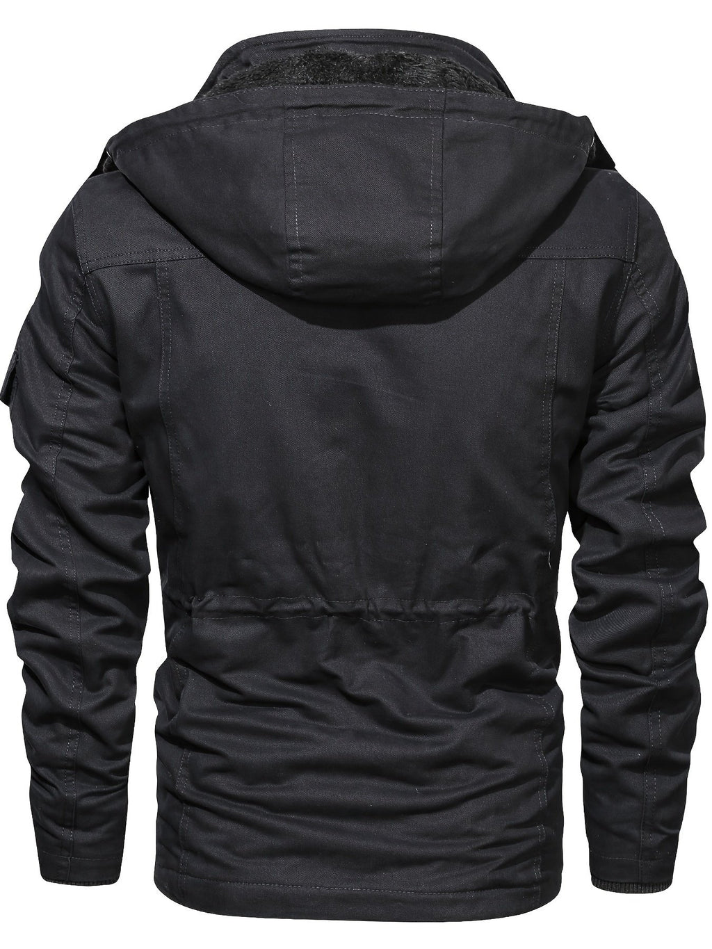 Close-up of the men's workwear hooded jacket fabric and stitching