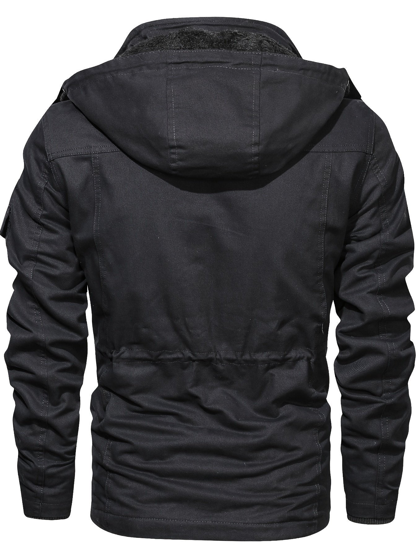 Close-up of the men's workwear hooded jacket fabric and stitching