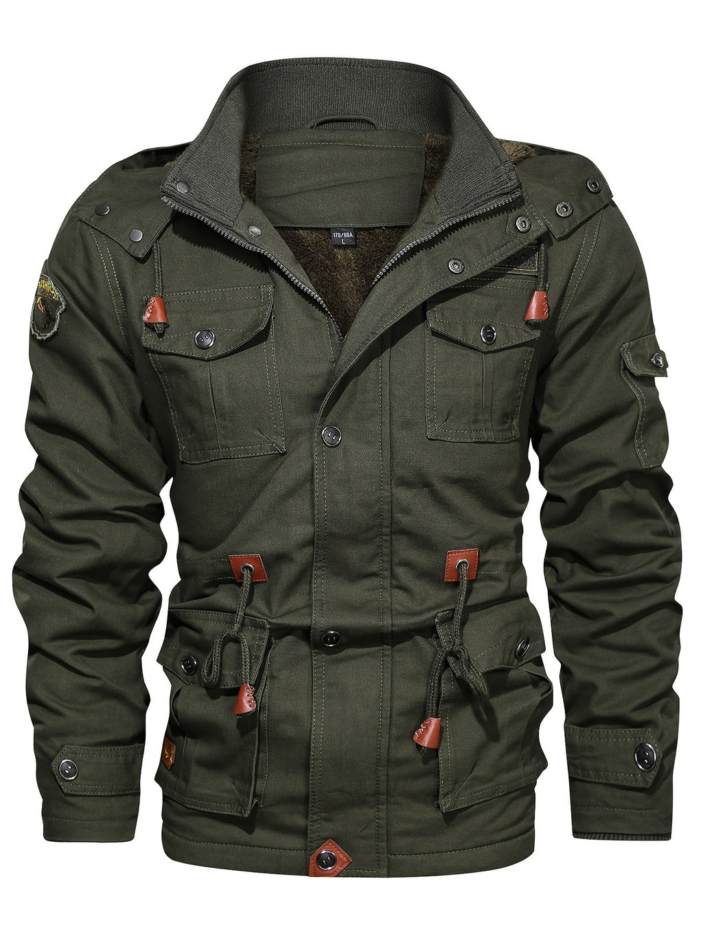 Collar and fastening detail of the men's workwear hooded jacket