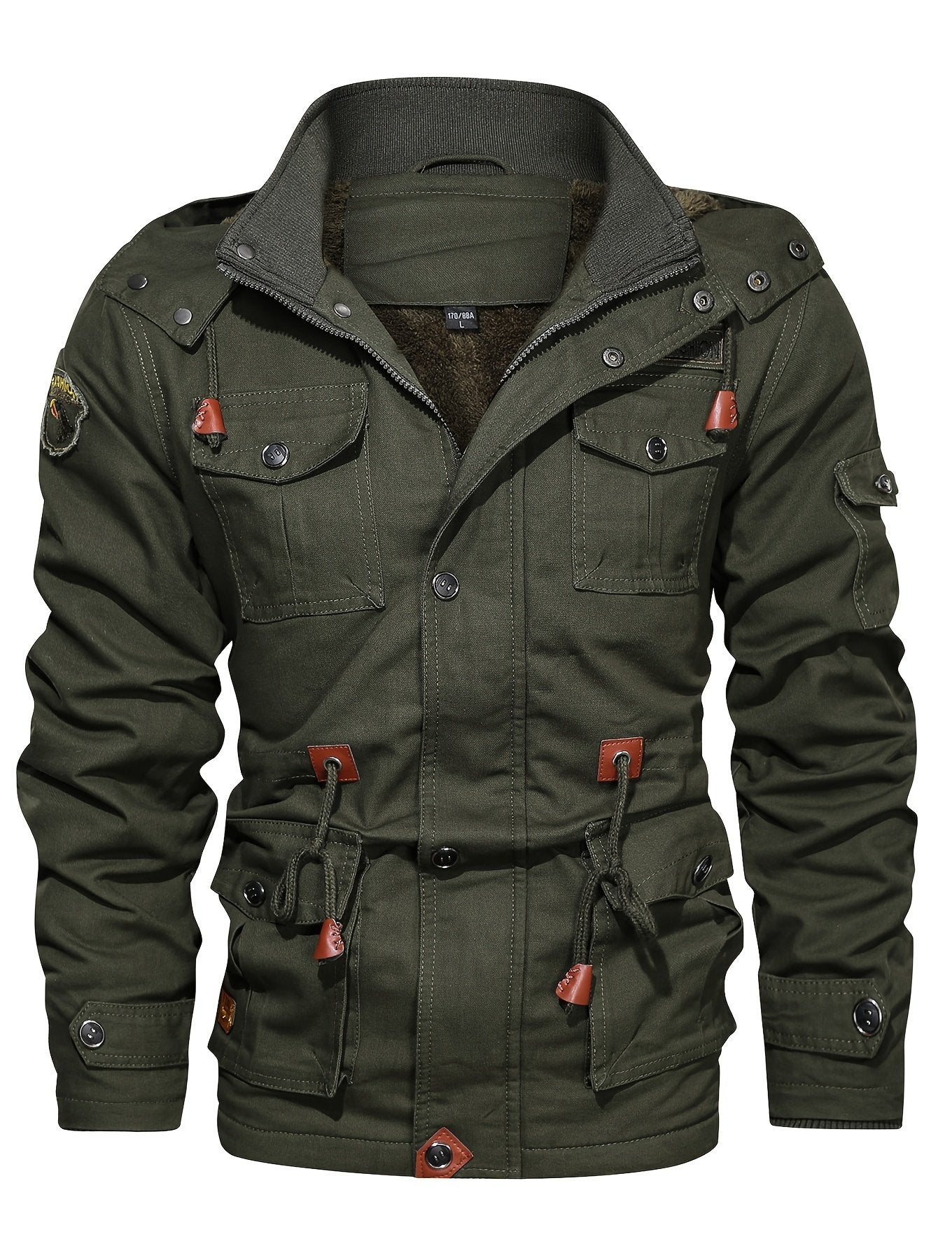 Collar and fastening detail of the men's workwear hooded jacket