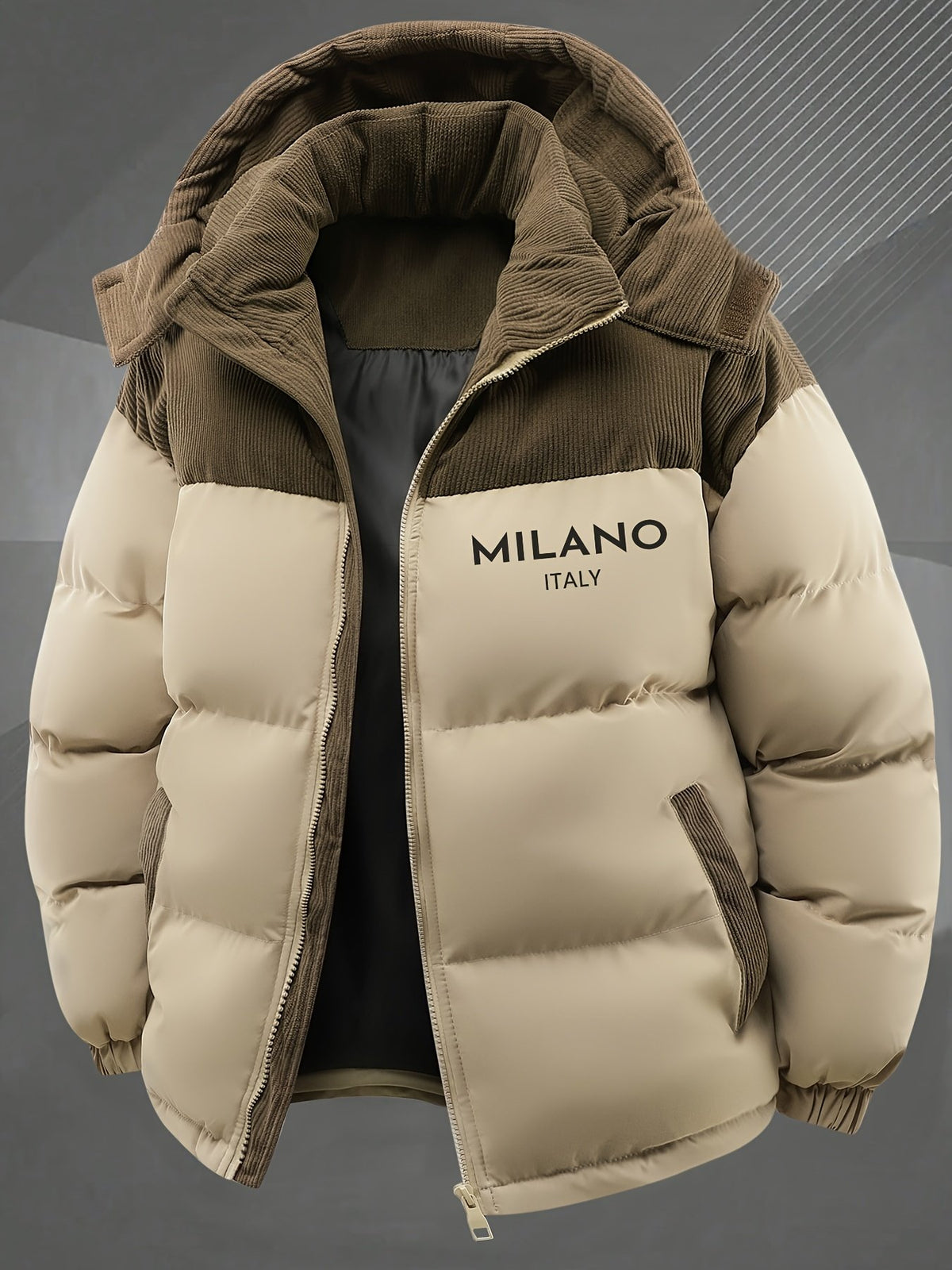 Men's detachable hood jacket shown from the front for winter