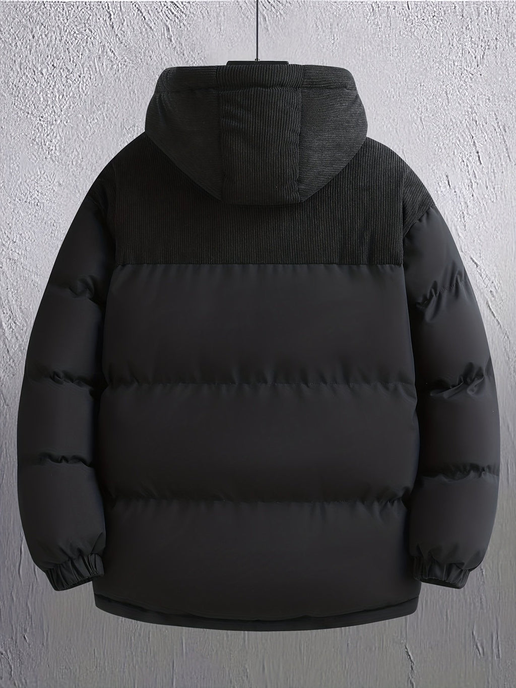 Close-up of the men's detachable hood jacket fabric and stitching