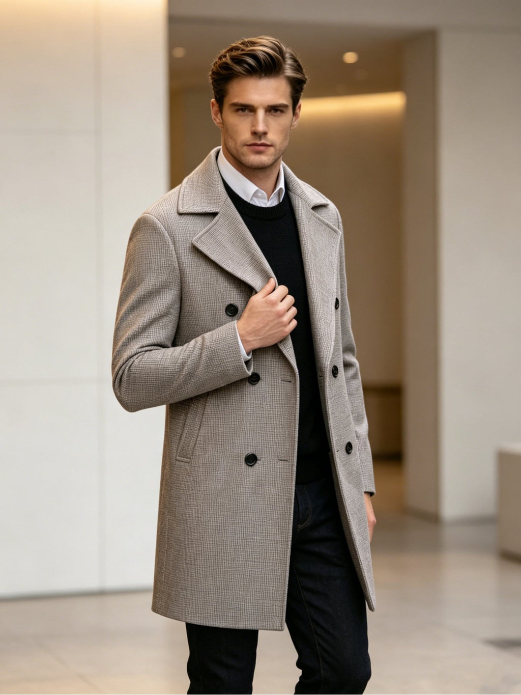 Men's houndstooth overcoat shown from the front for winter