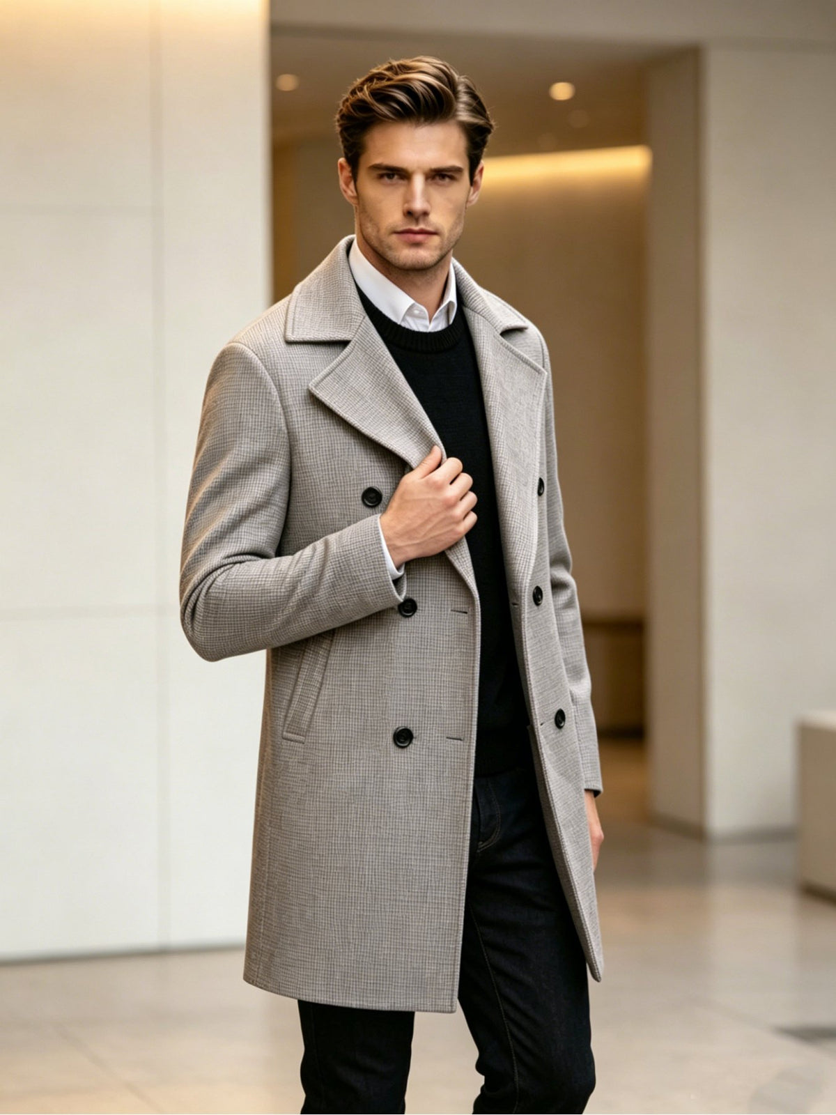 Side view of the men's houndstooth overcoat showing the fit