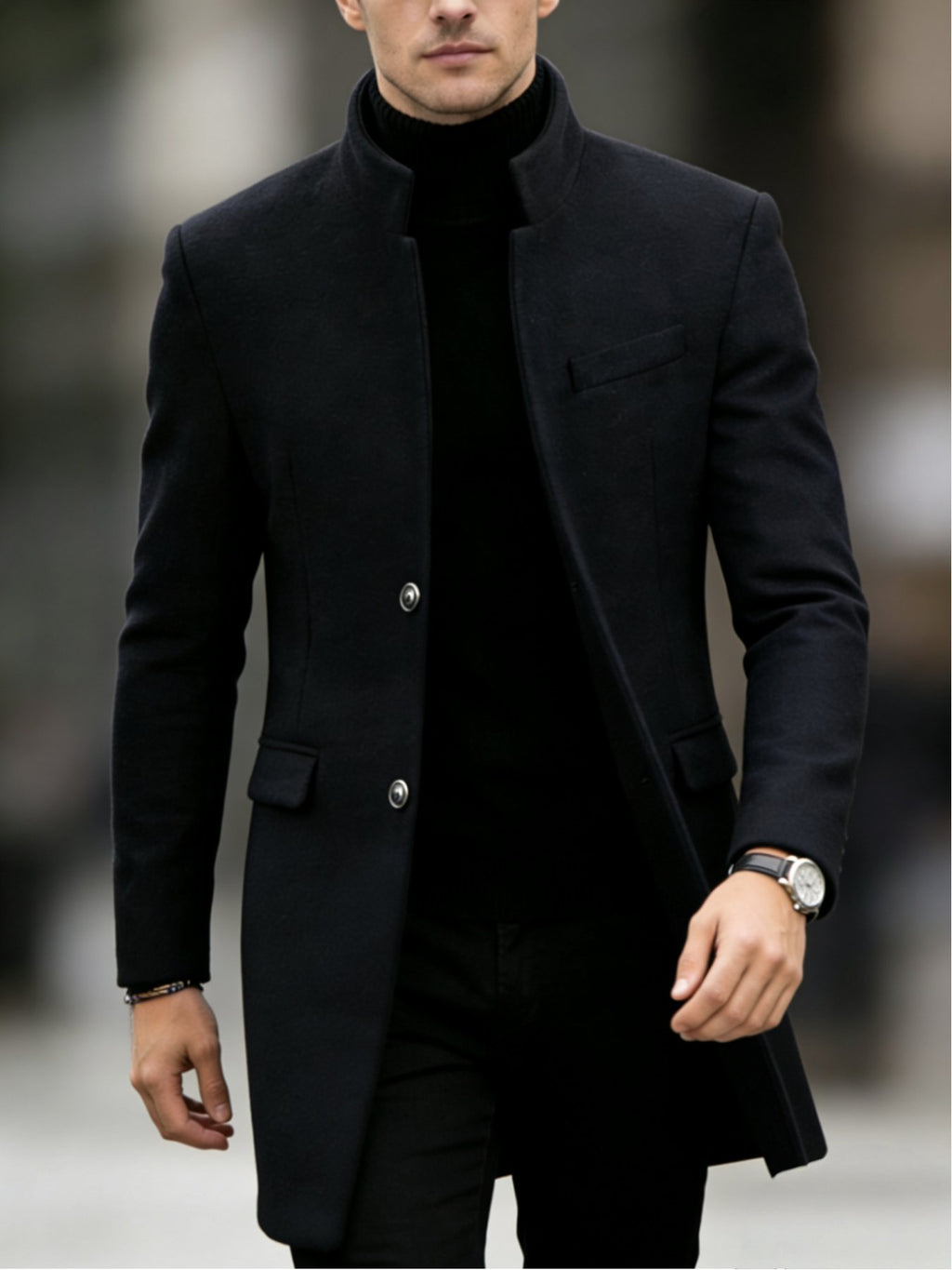 Men's stand collar overcoat shown from the front for winter