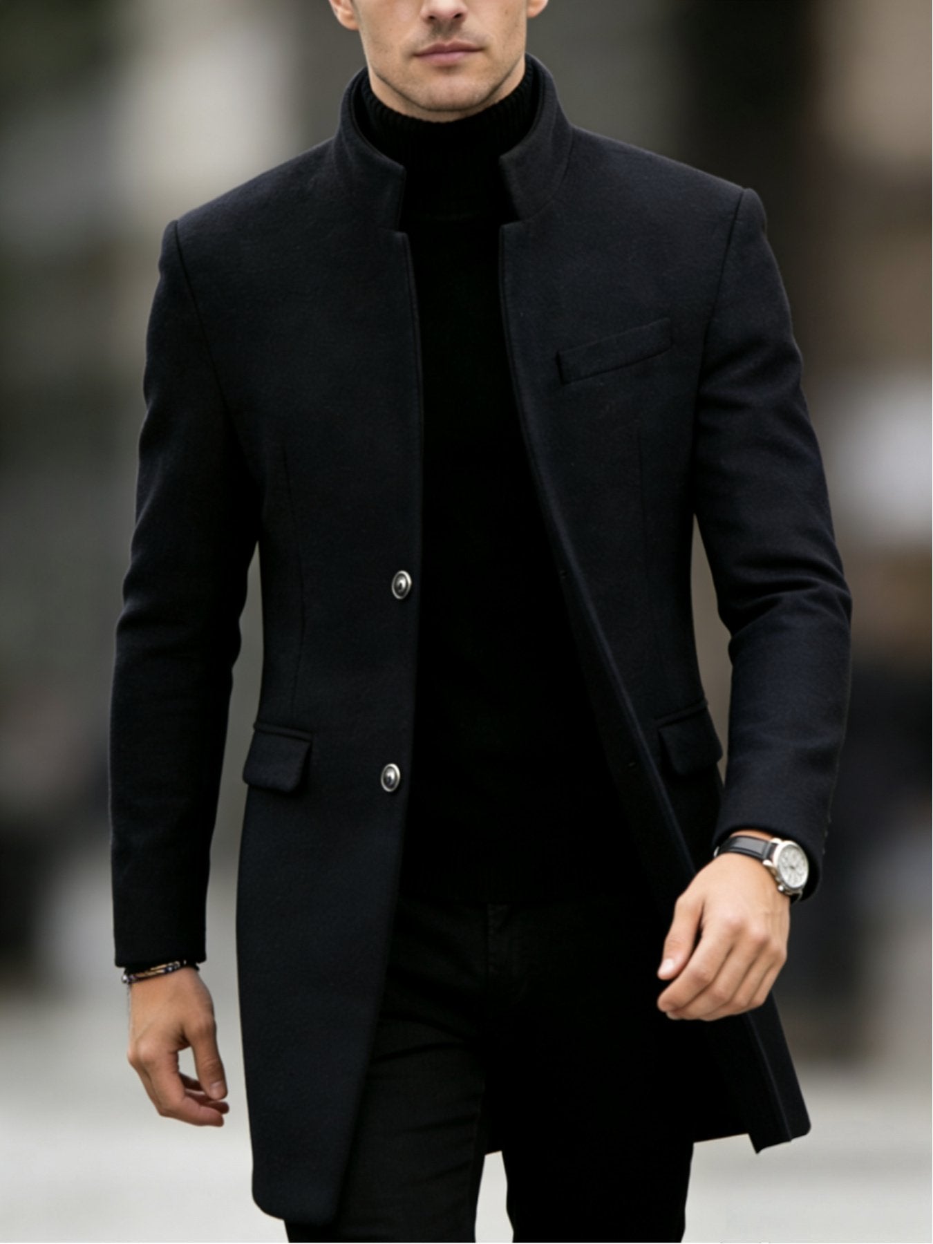 Men's stand collar overcoat shown from the front for winter