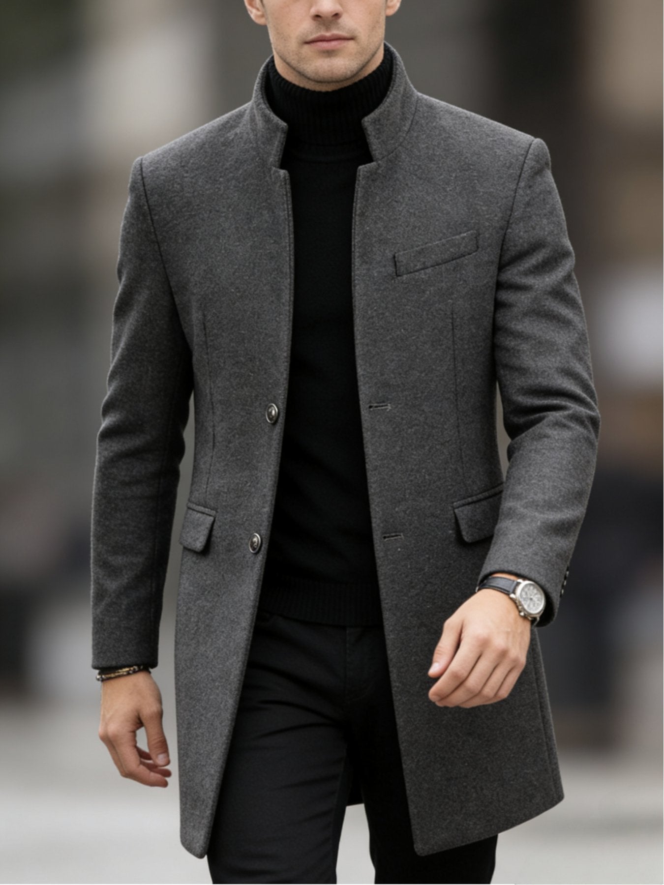 Side view of the men's stand collar overcoat showing the fit
