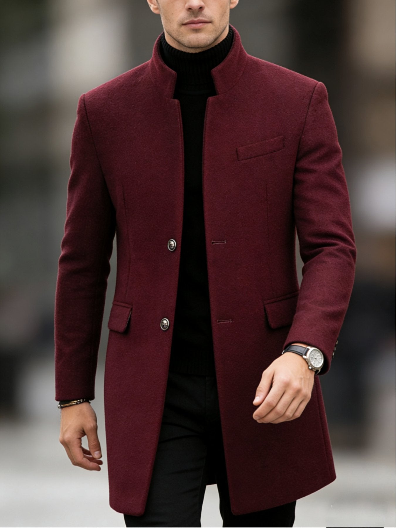 Back view of the men's stand collar overcoat