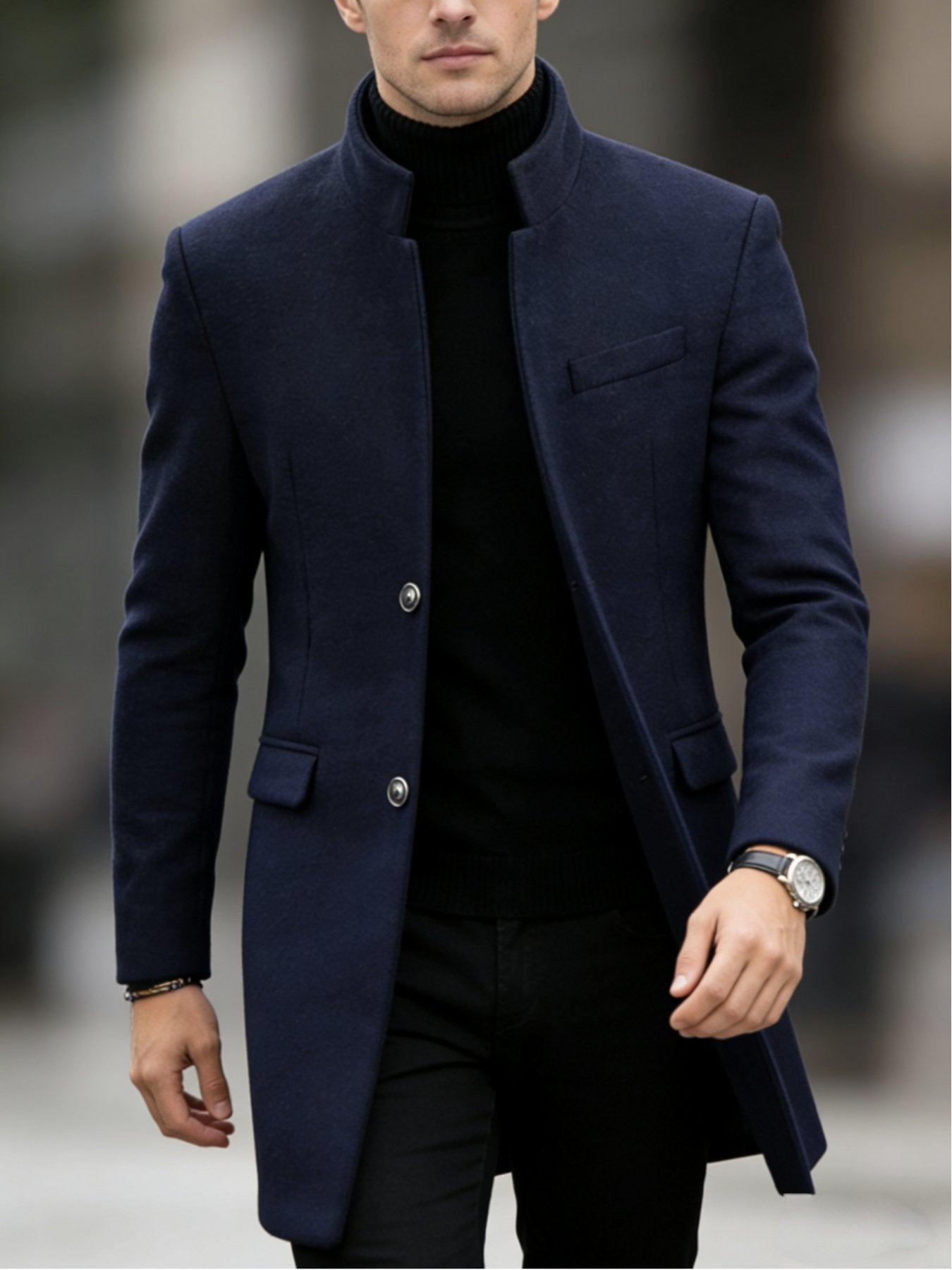 Close-up of the men's stand collar overcoat fabric and stitching