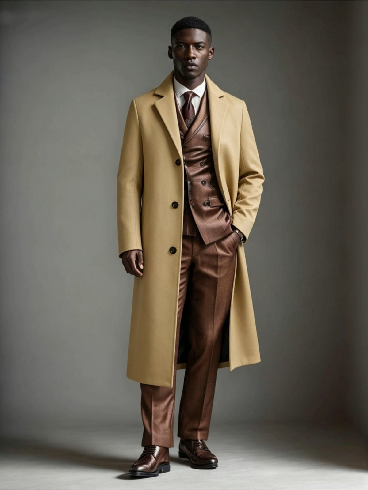 Men's textured navy trench coat shown from the front for winter