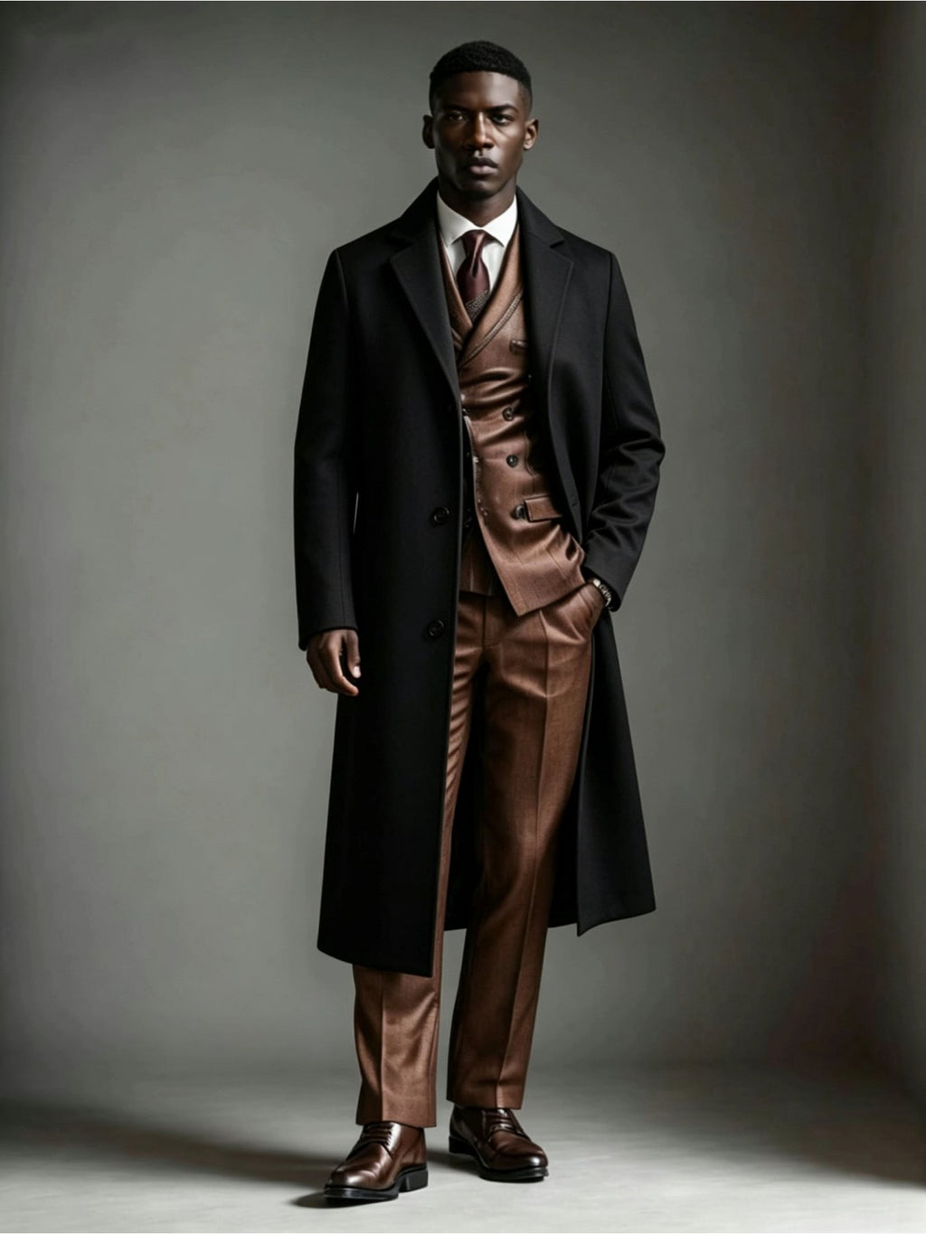 Side view of the men's textured navy trench coat showing the fit