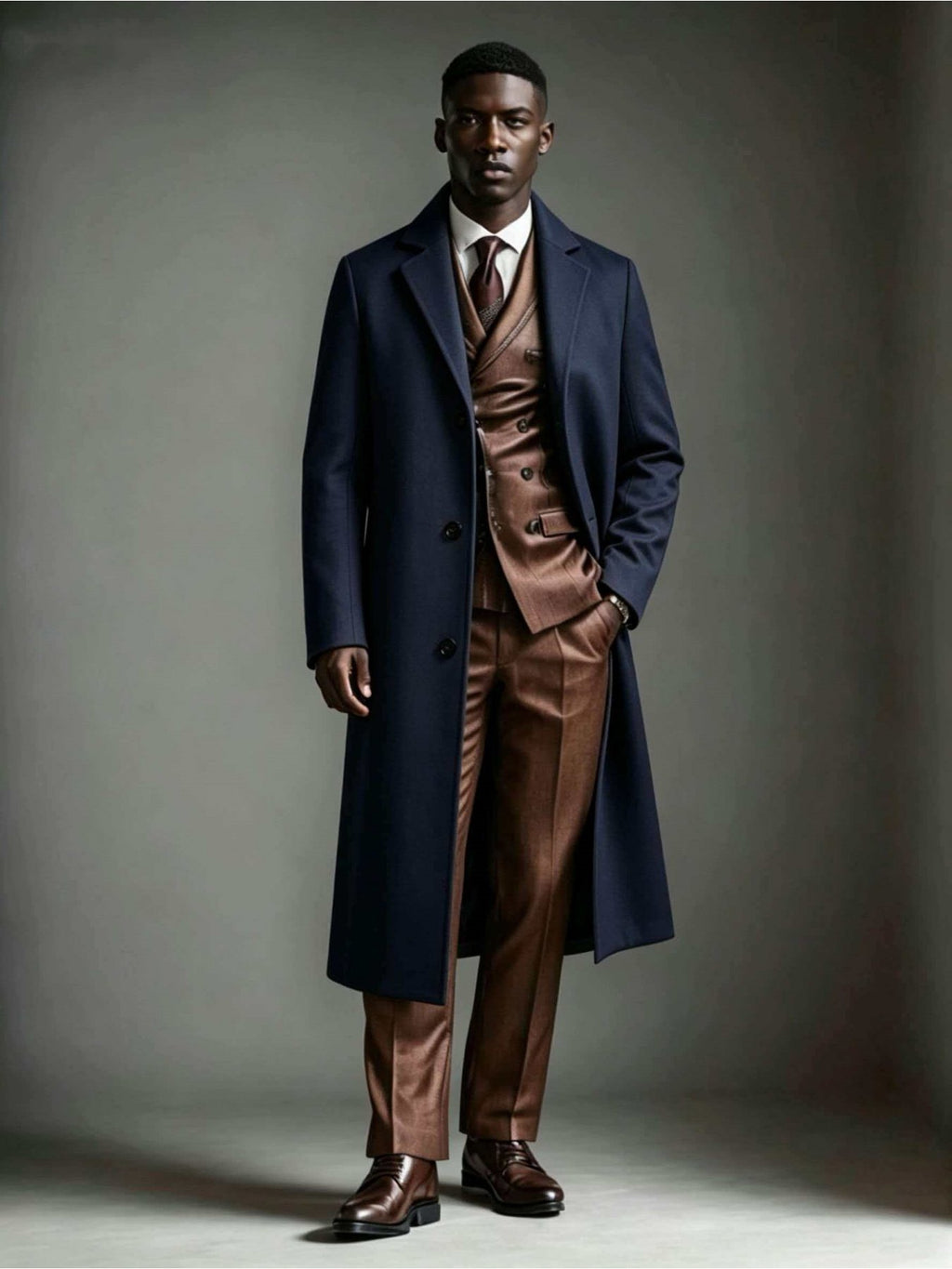 Back view of the men's textured navy trench coat