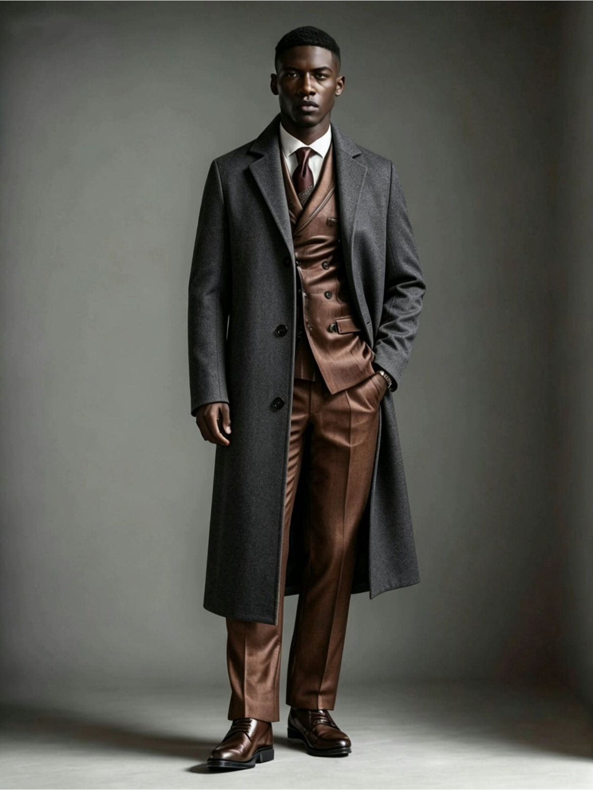 Close-up of the men's textured navy trench coat fabric and stitching