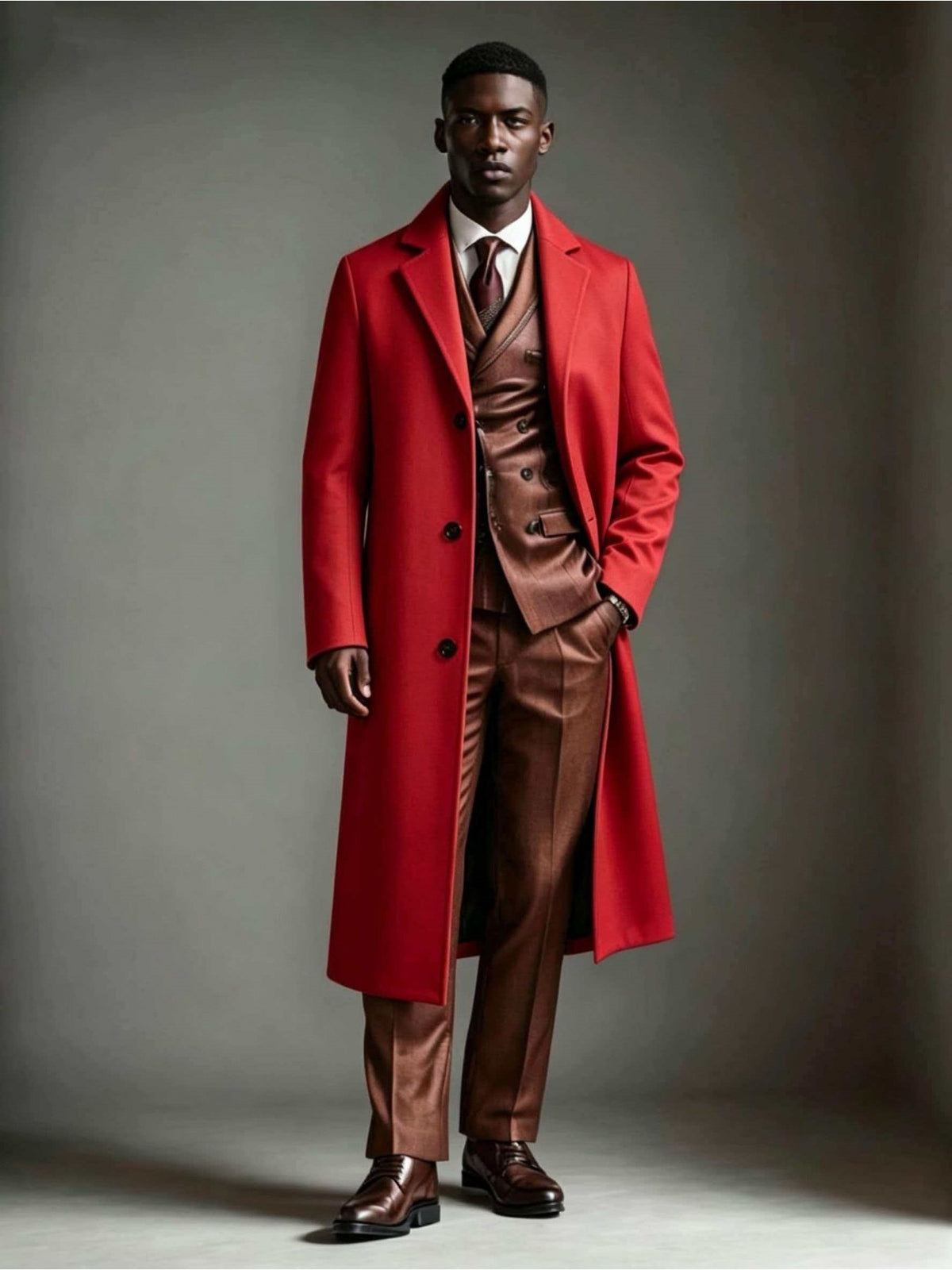 Collar and fastening detail of the men's textured navy trench coat