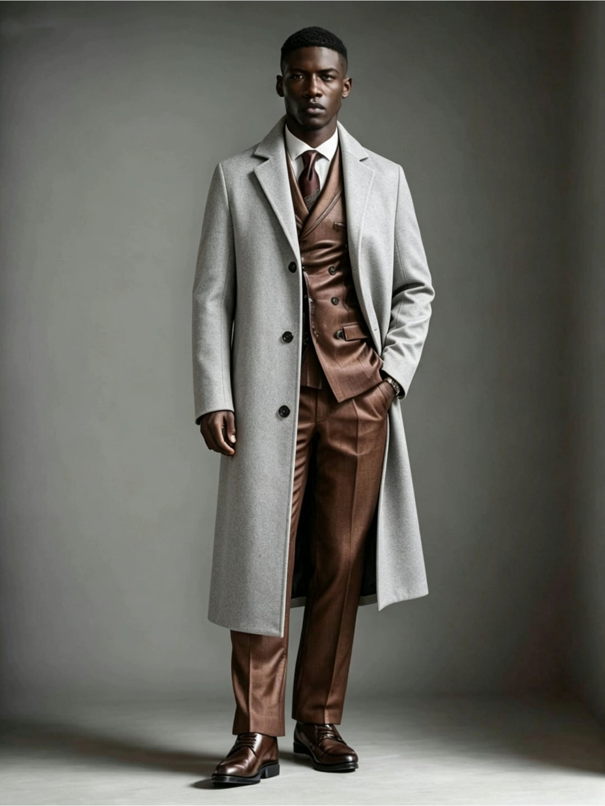 Men's textured navy trench coat styled with jeans for cold weather