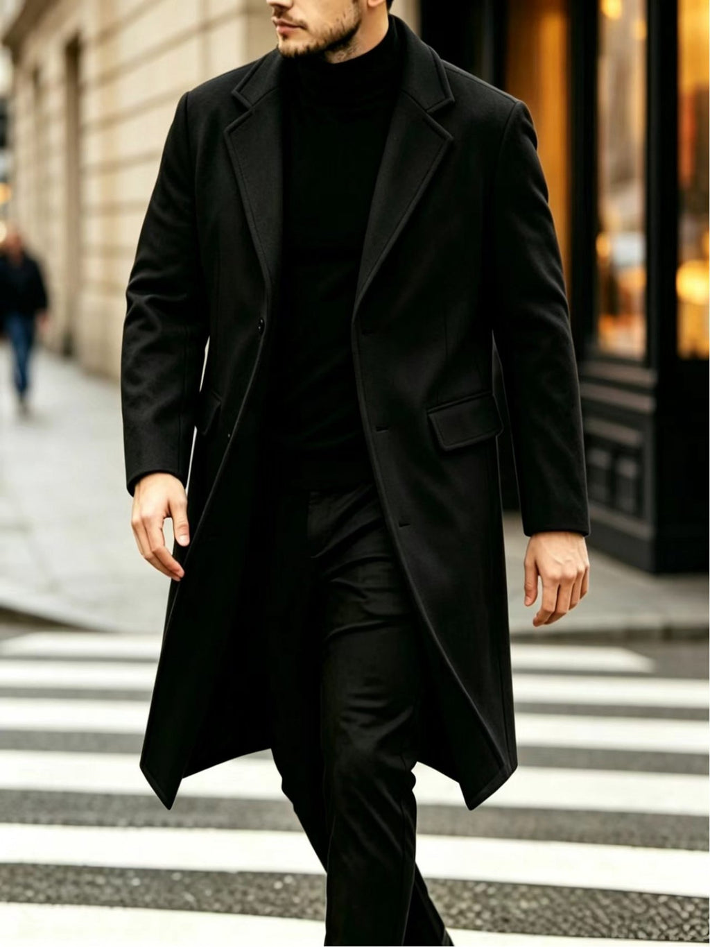 Men's long business trench coat shown from the front for winter
