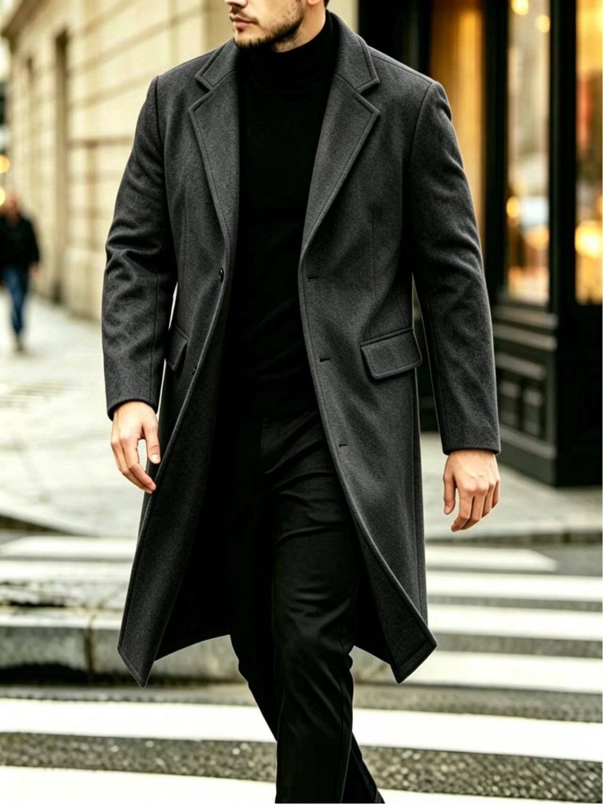 Side view of the men's long business trench coat showing the fit