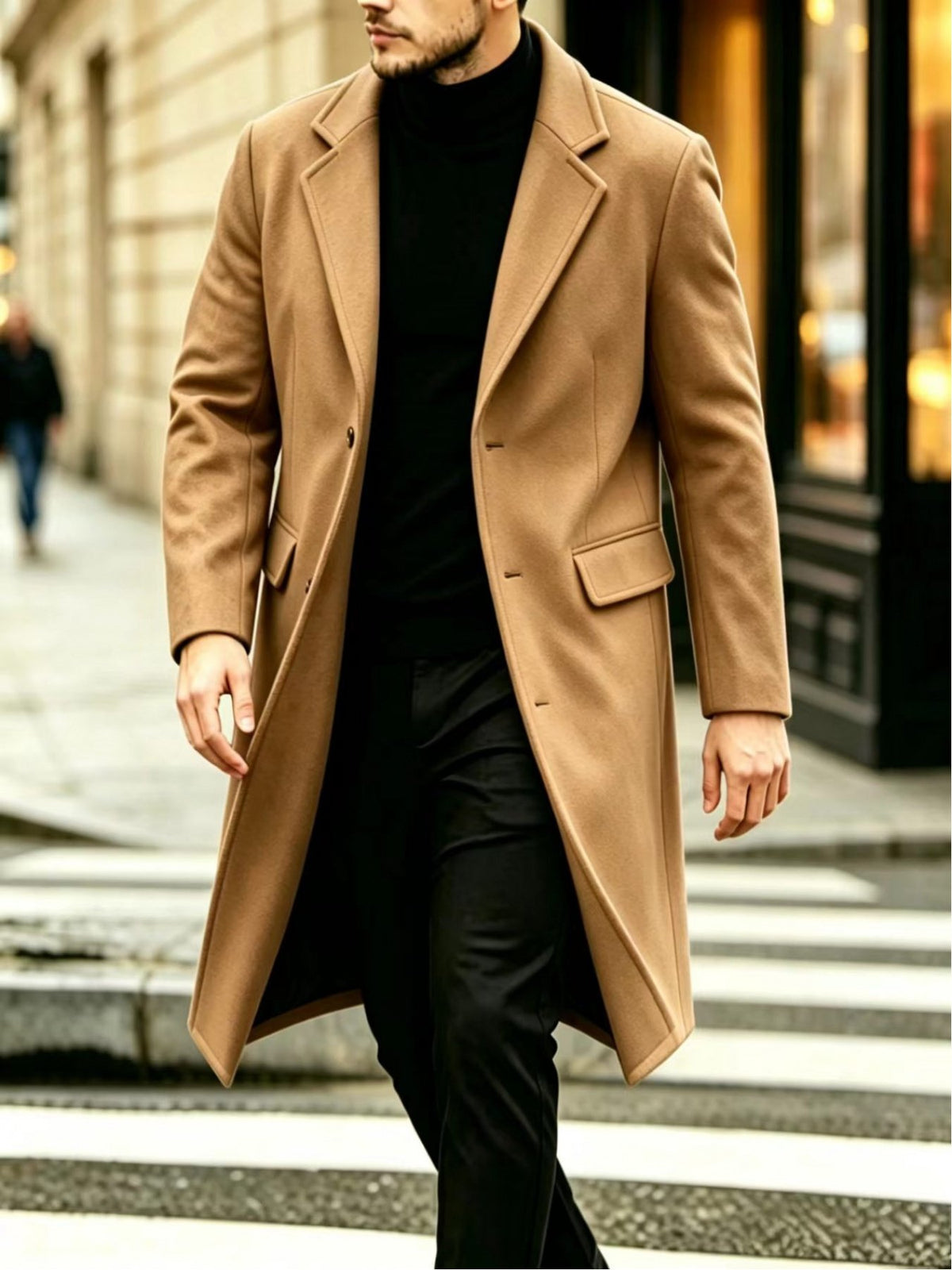 Close-up of the men's long business trench coat fabric and stitching