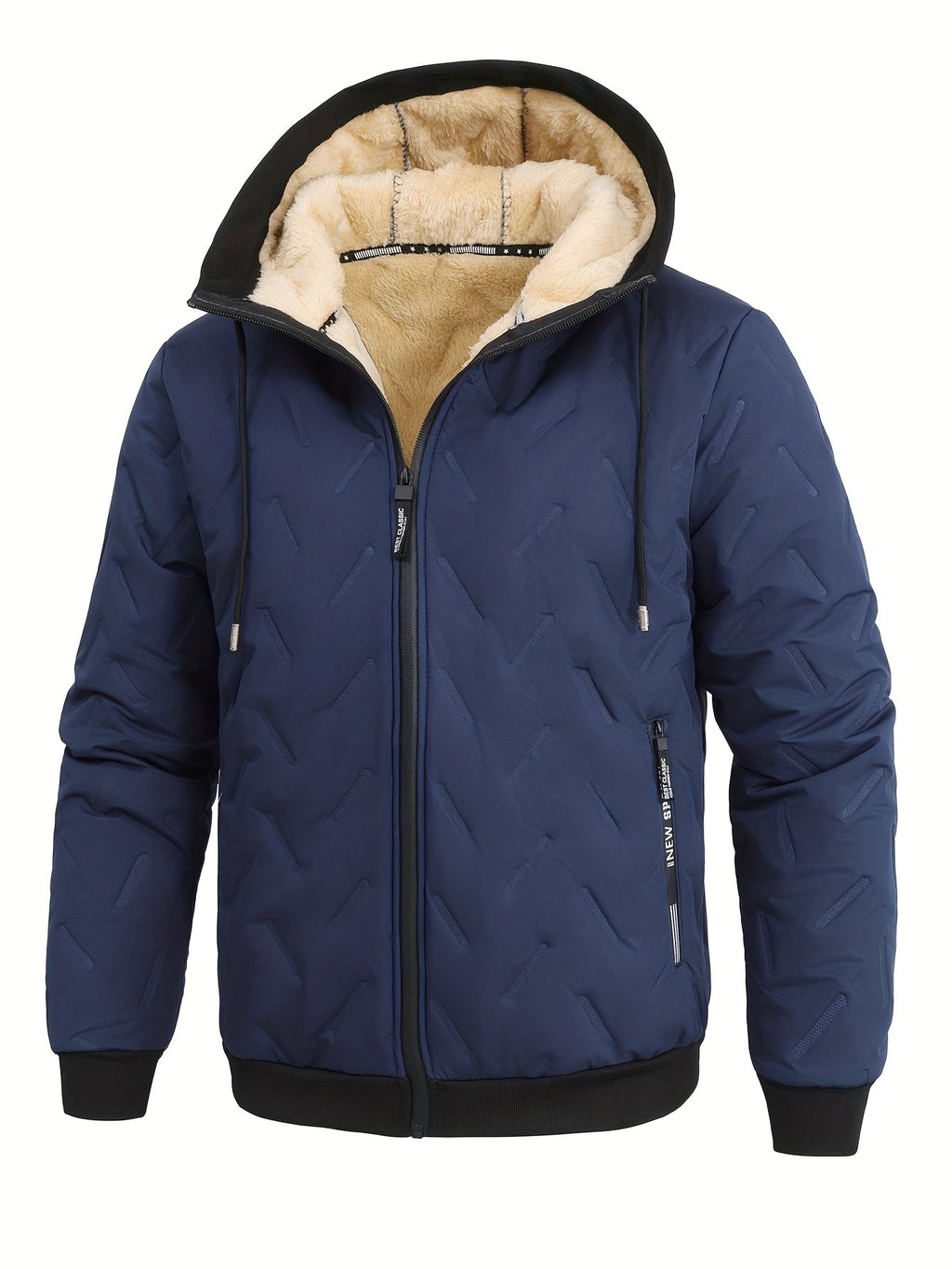 Side view of the men's warm hooded winter coat showing the fit