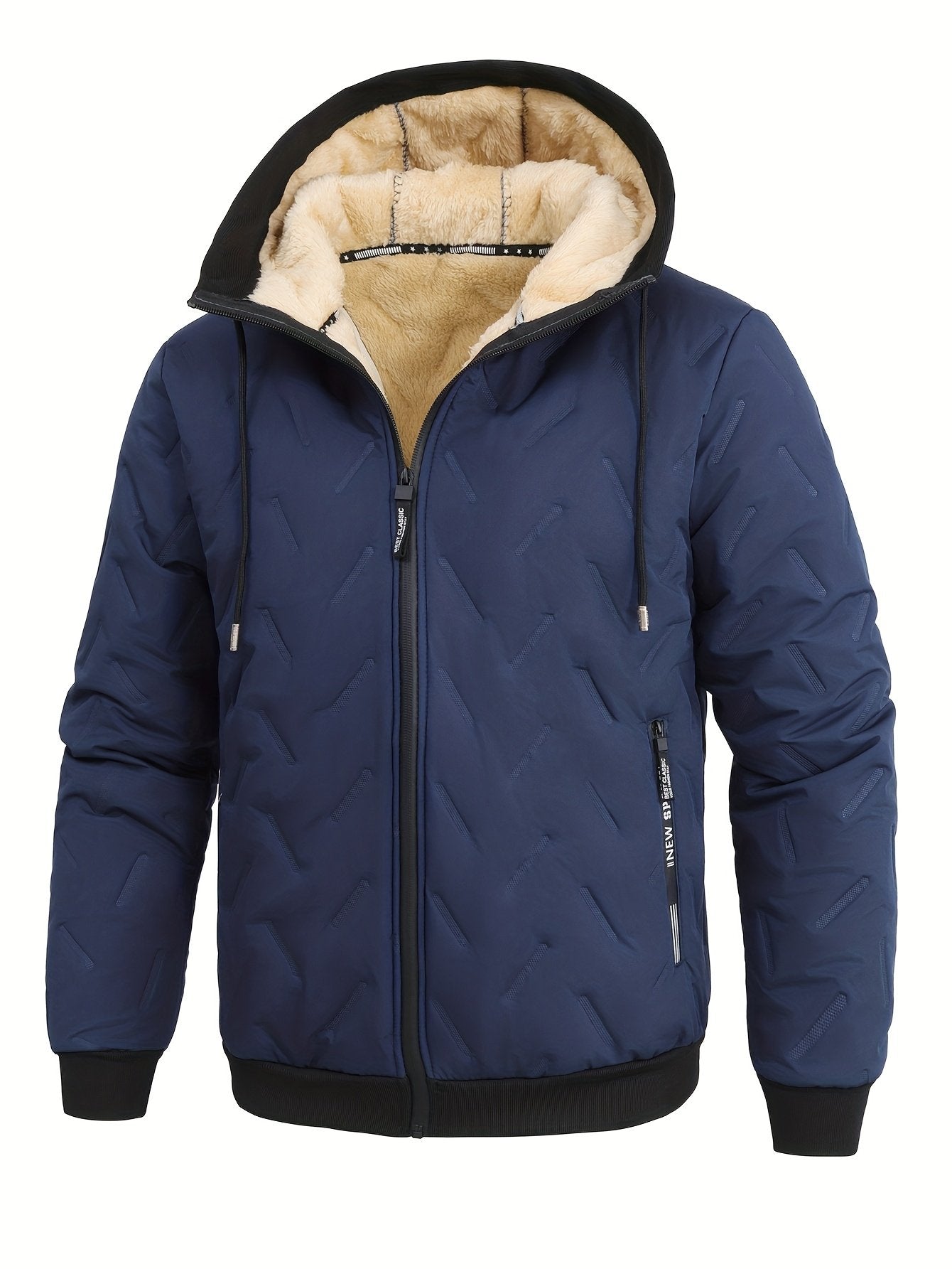 Side view of the men's warm hooded winter coat showing the fit
