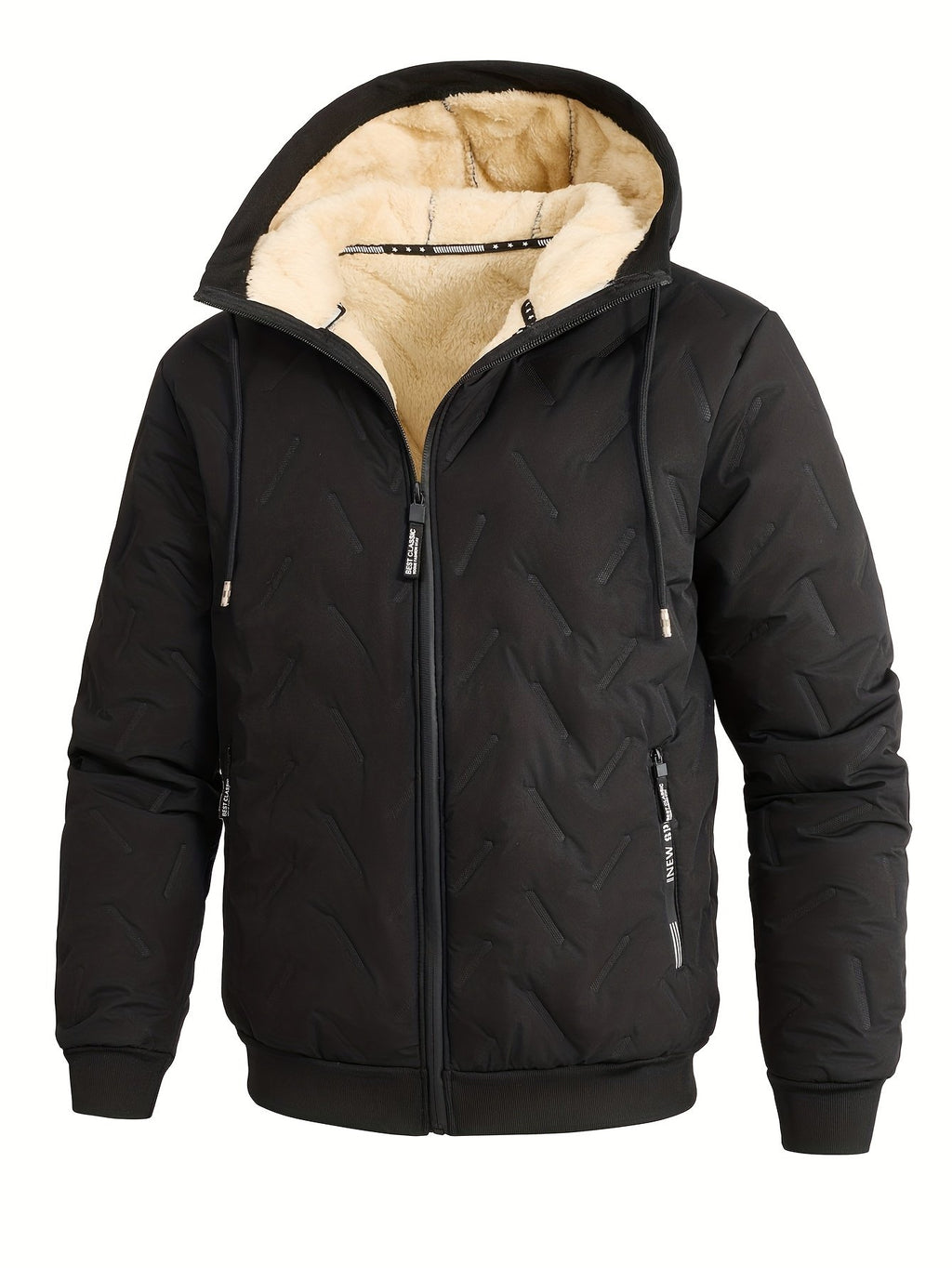 Close-up of the men's warm hooded winter coat fabric and stitching