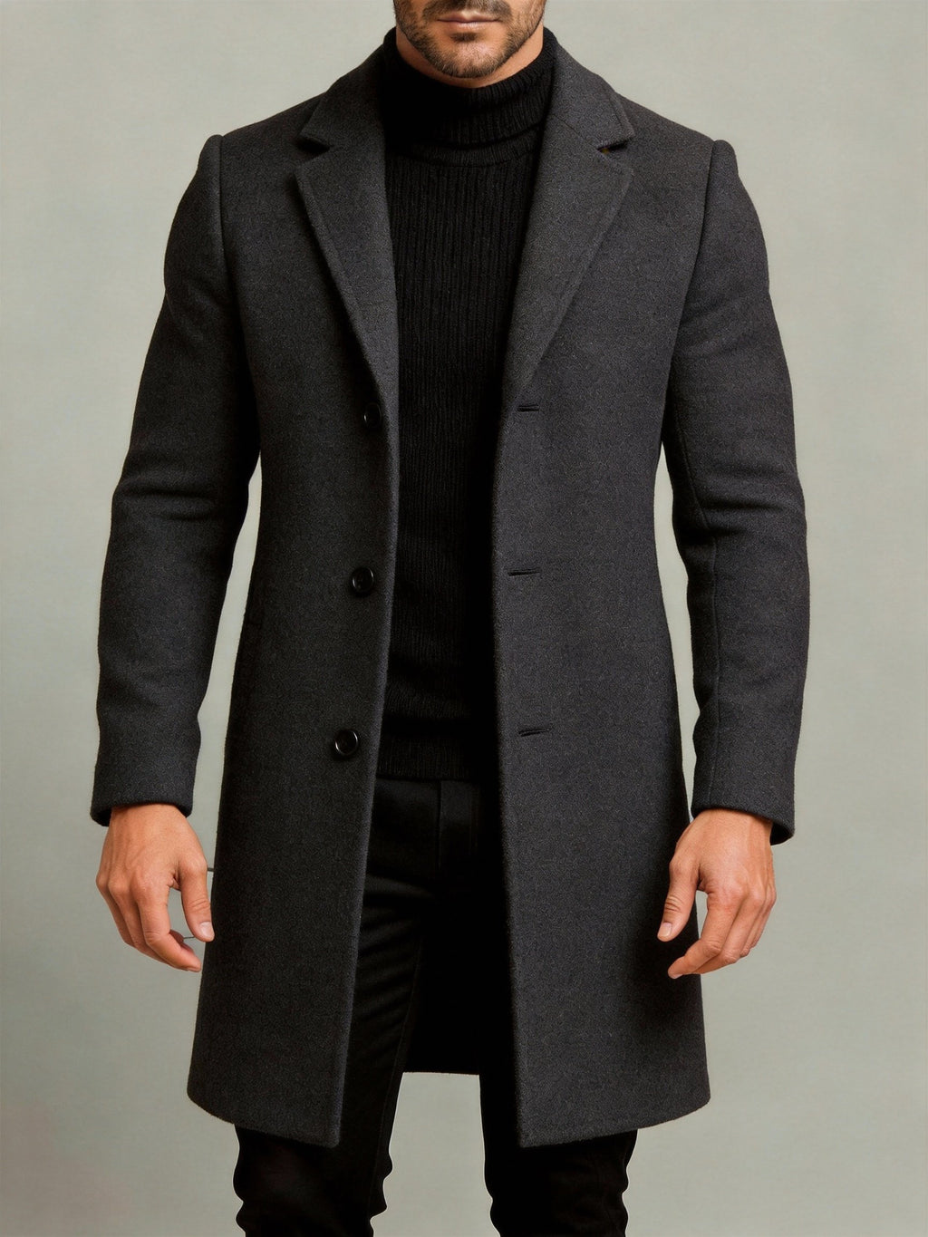 Men's lightweight trench coat shown from the front for winter