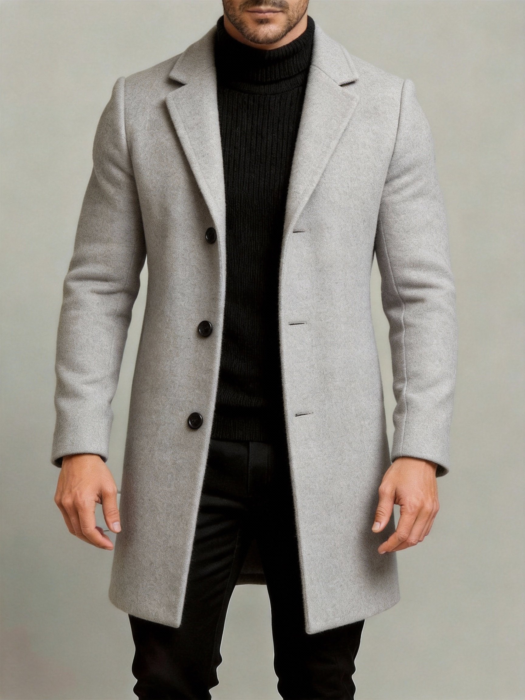 Side view of the men's lightweight trench coat showing the fit