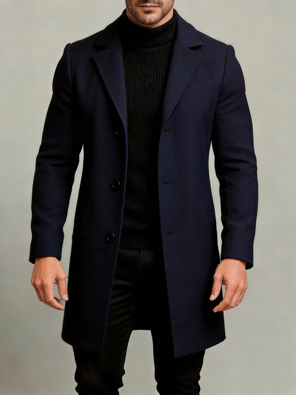 Collar and fastening detail of the men's lightweight trench coat