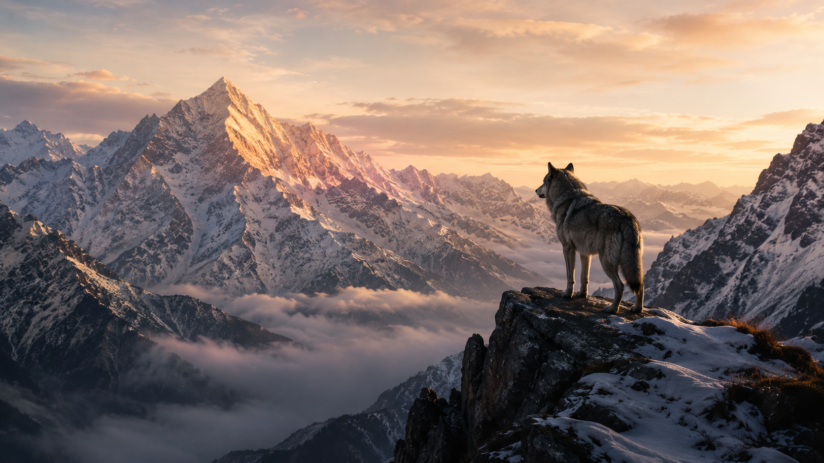 Lone wolf overlooking a snowy Alpine mountain panorama at dawn - Lupo Delle Alpi brand imagery
