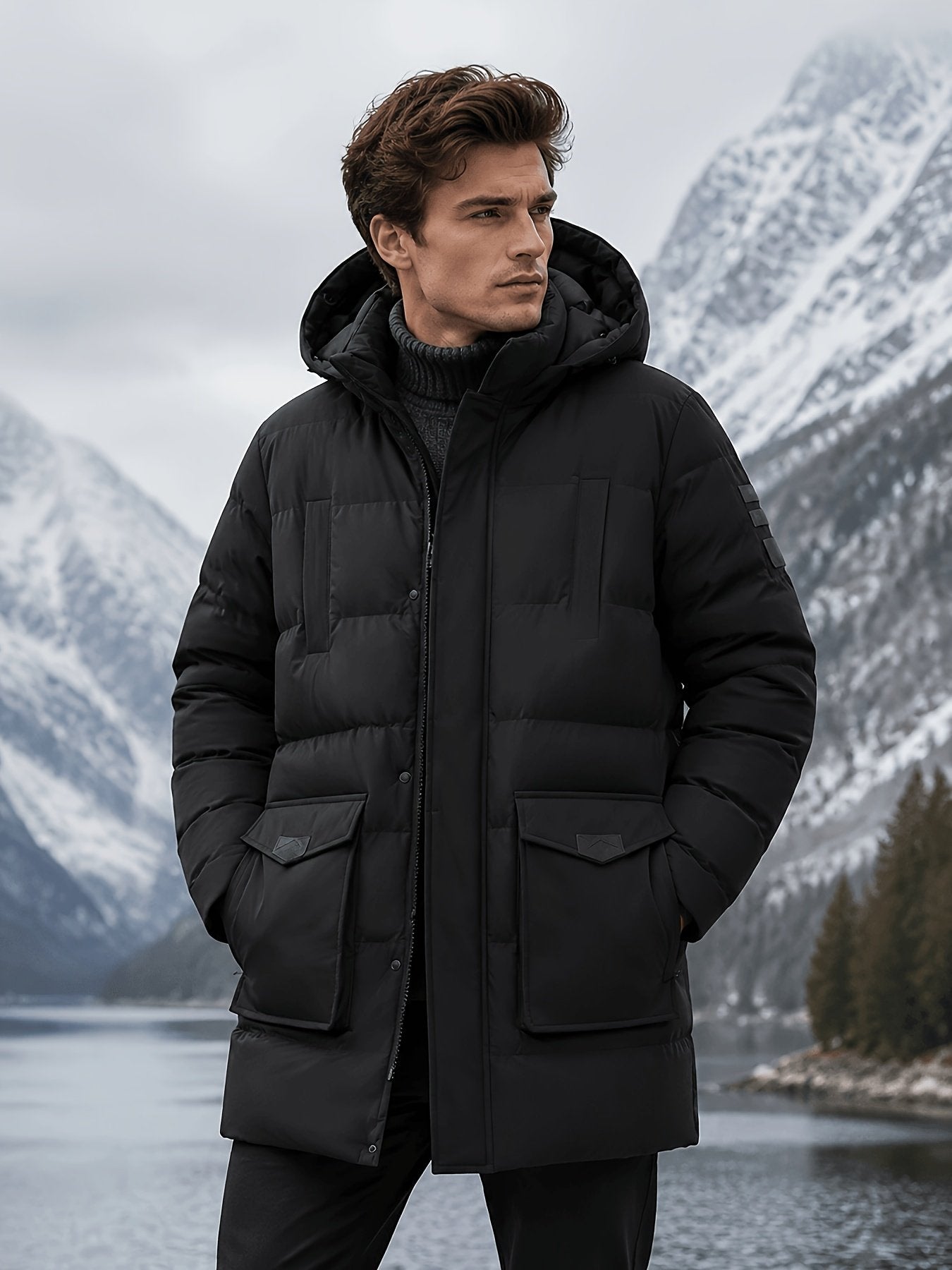 Men's mid-length padded coat shown from the front for winter