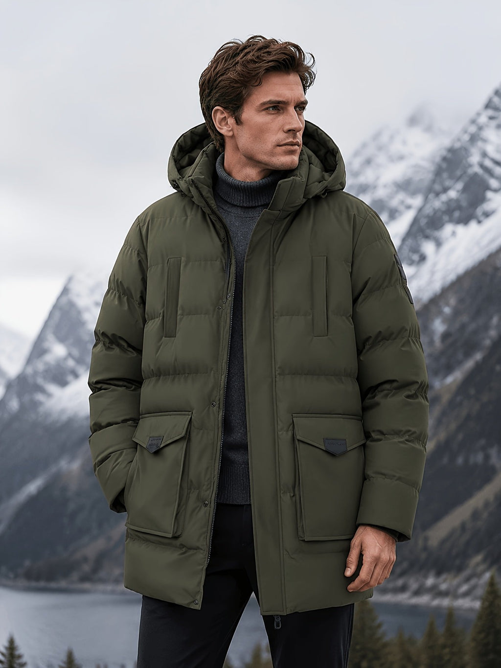 Side view of the men's mid-length padded coat showing the fit