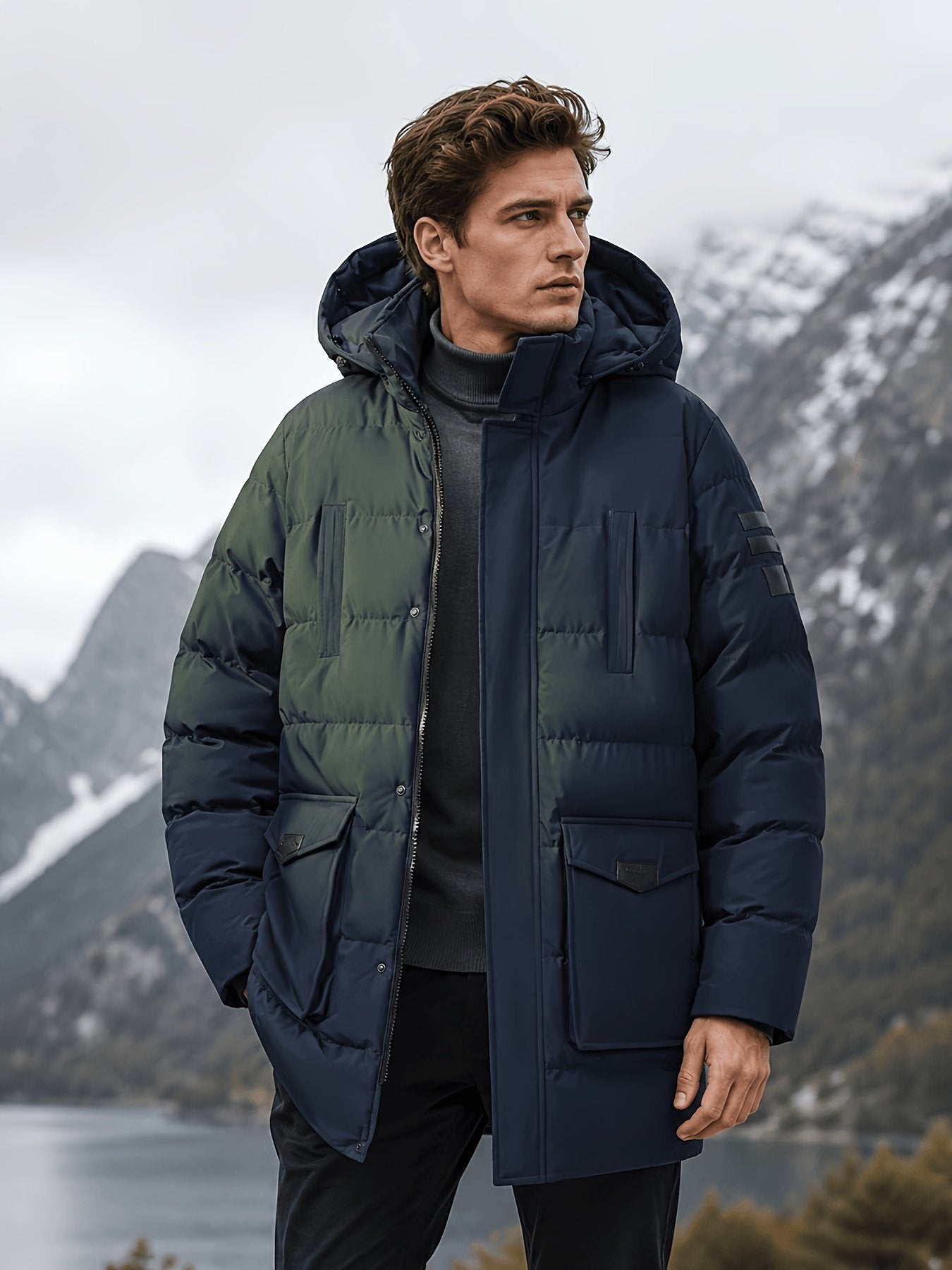 Back view of the men's mid-length padded coat
