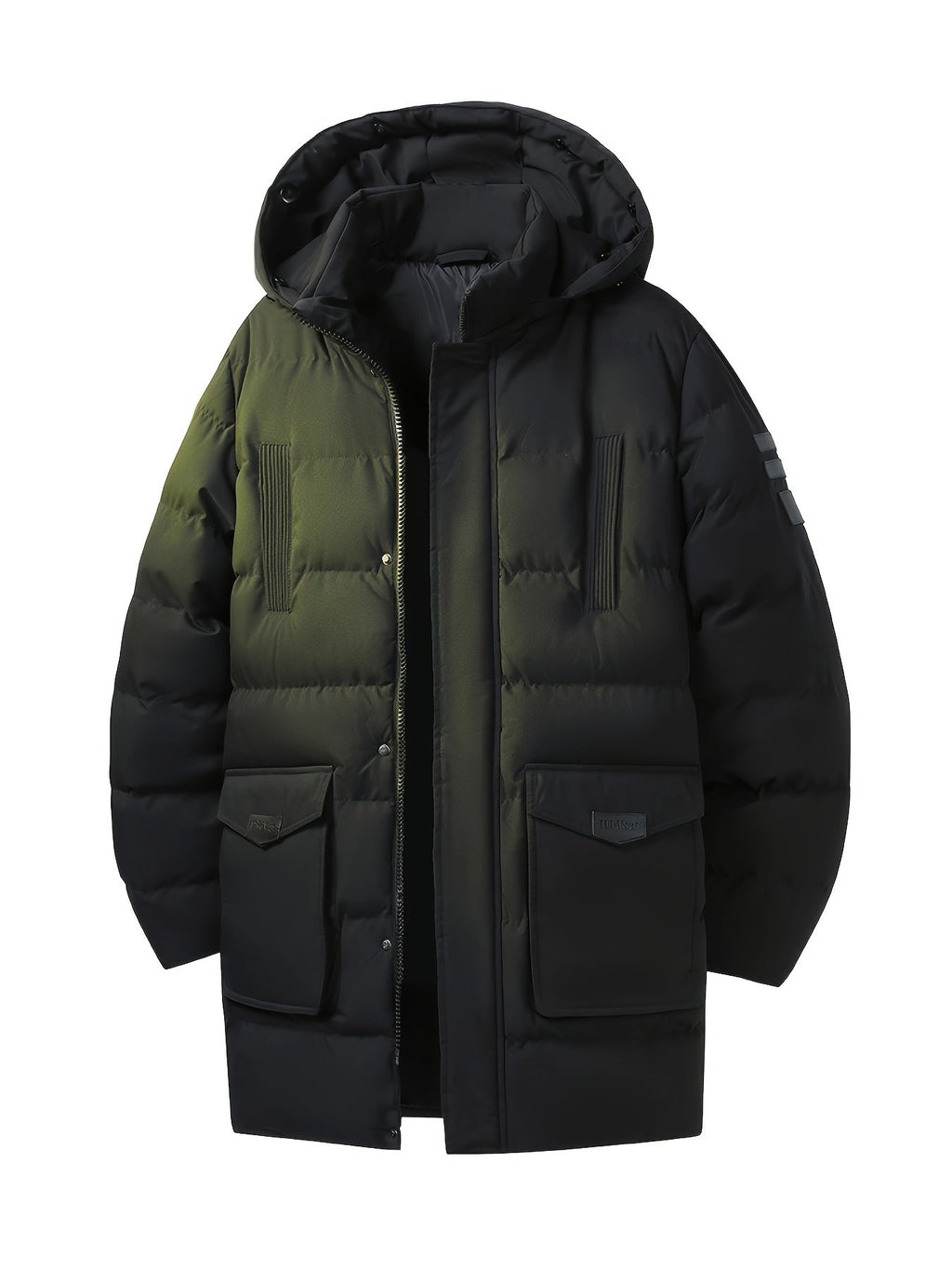Close-up of the men's mid-length padded coat fabric and stitching