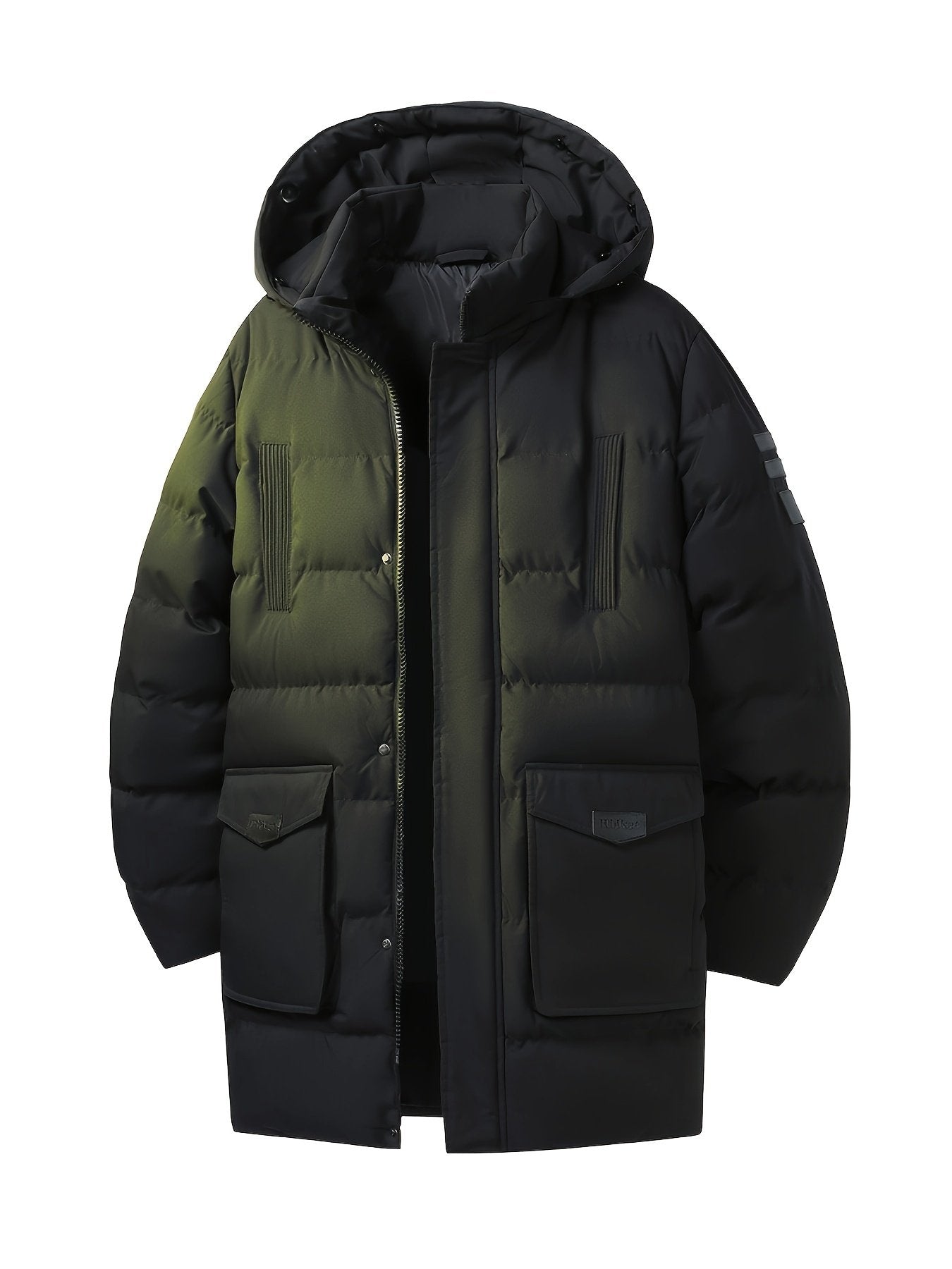 Close-up of the men's mid-length padded coat fabric and stitching