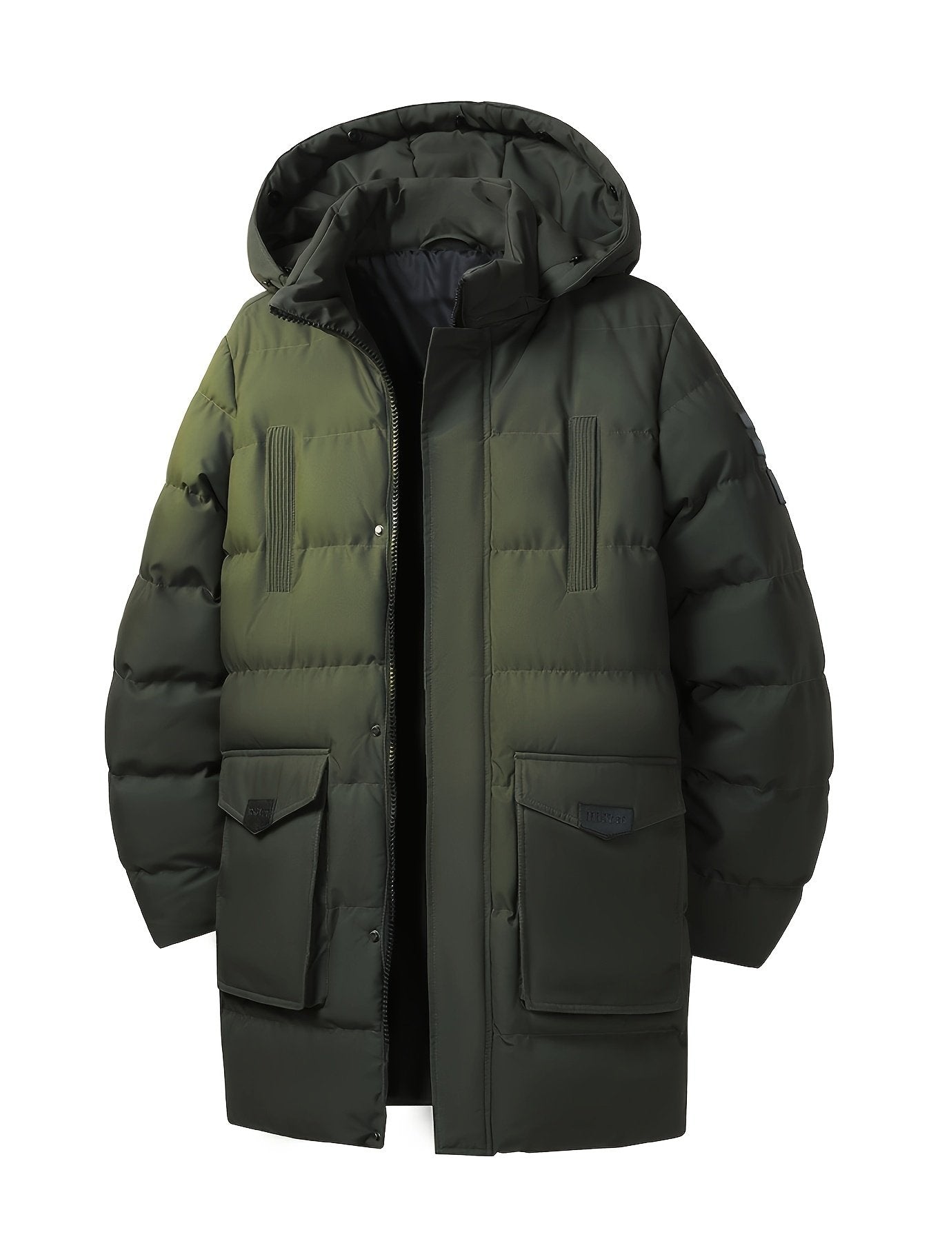 Collar and fastening detail of the men's mid-length padded coat