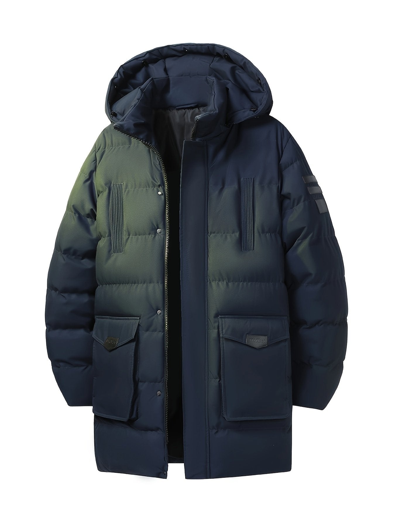 Men's mid-length padded coat styled with jeans for cold weather