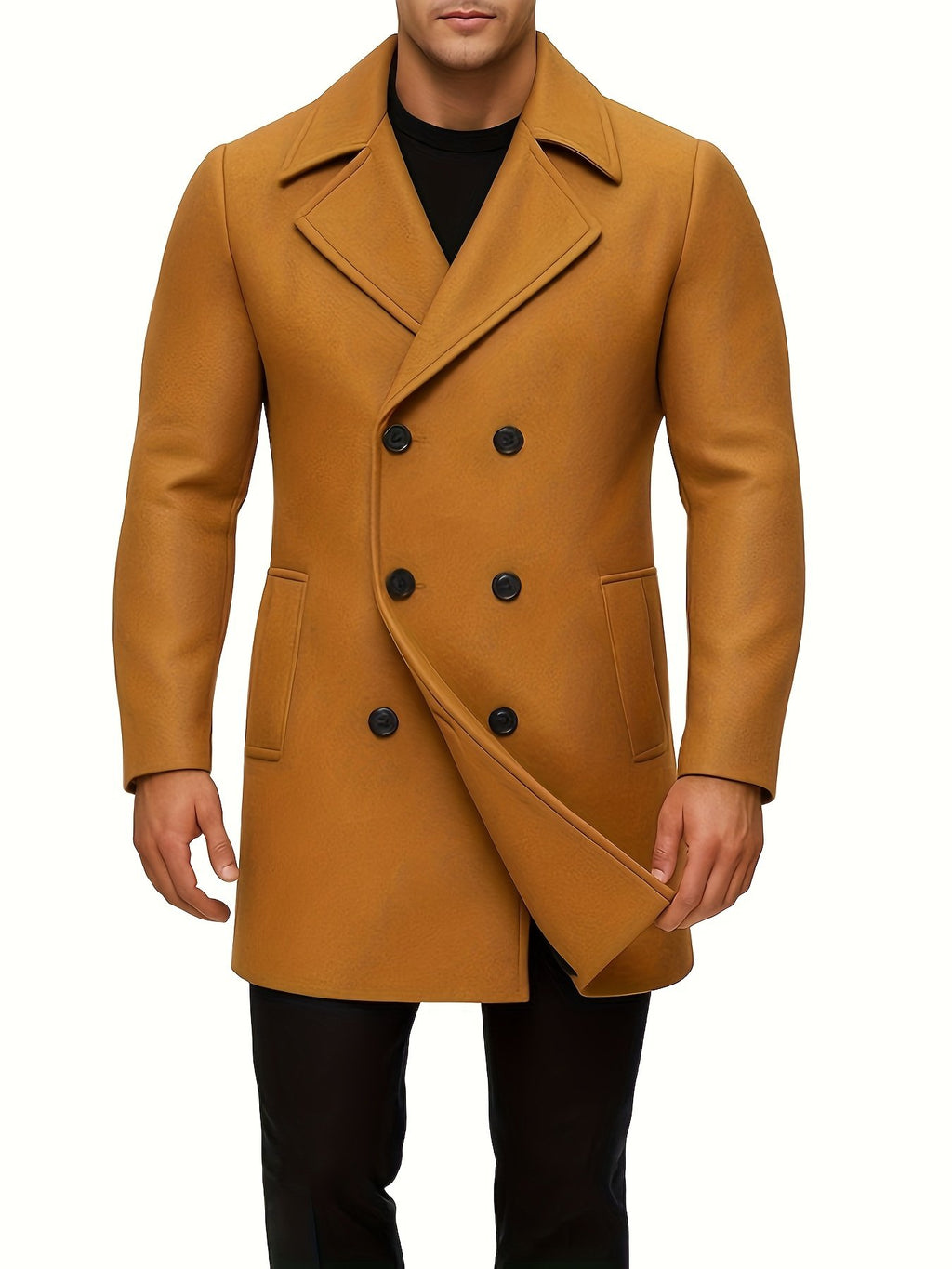 Men's double-breasted trench coat shown from the front for winter