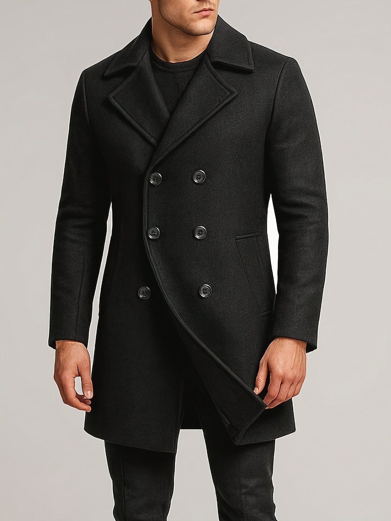 Side view of the men's double-breasted trench coat showing the fit