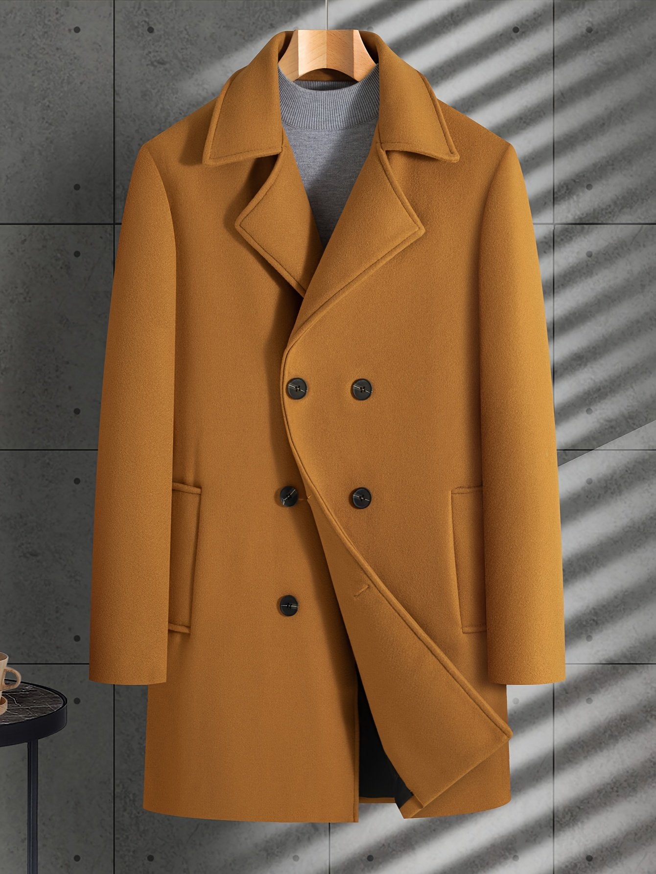 Back view of the men's double-breasted trench coat