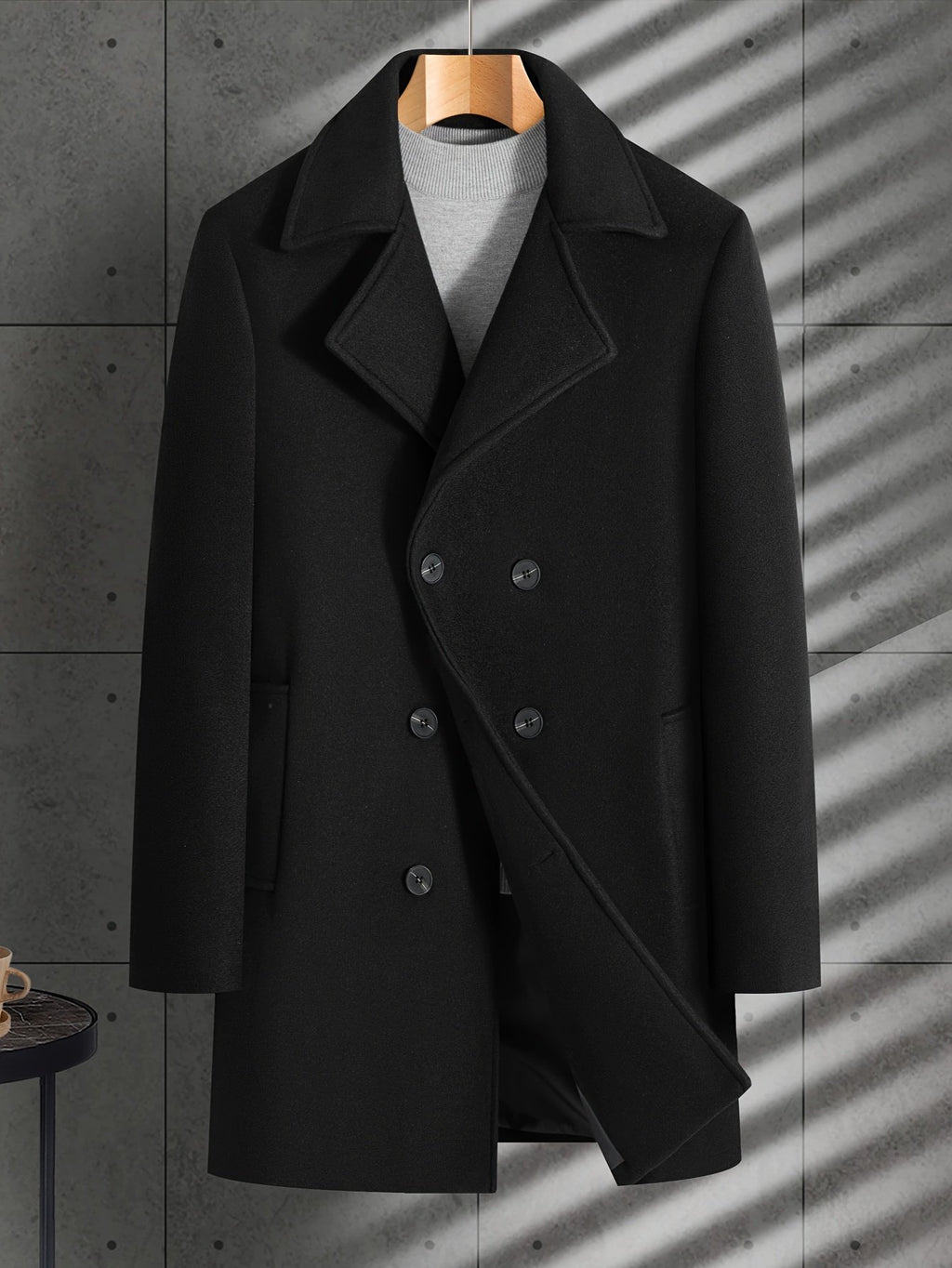 Close-up of the men's double-breasted trench coat fabric and stitching
