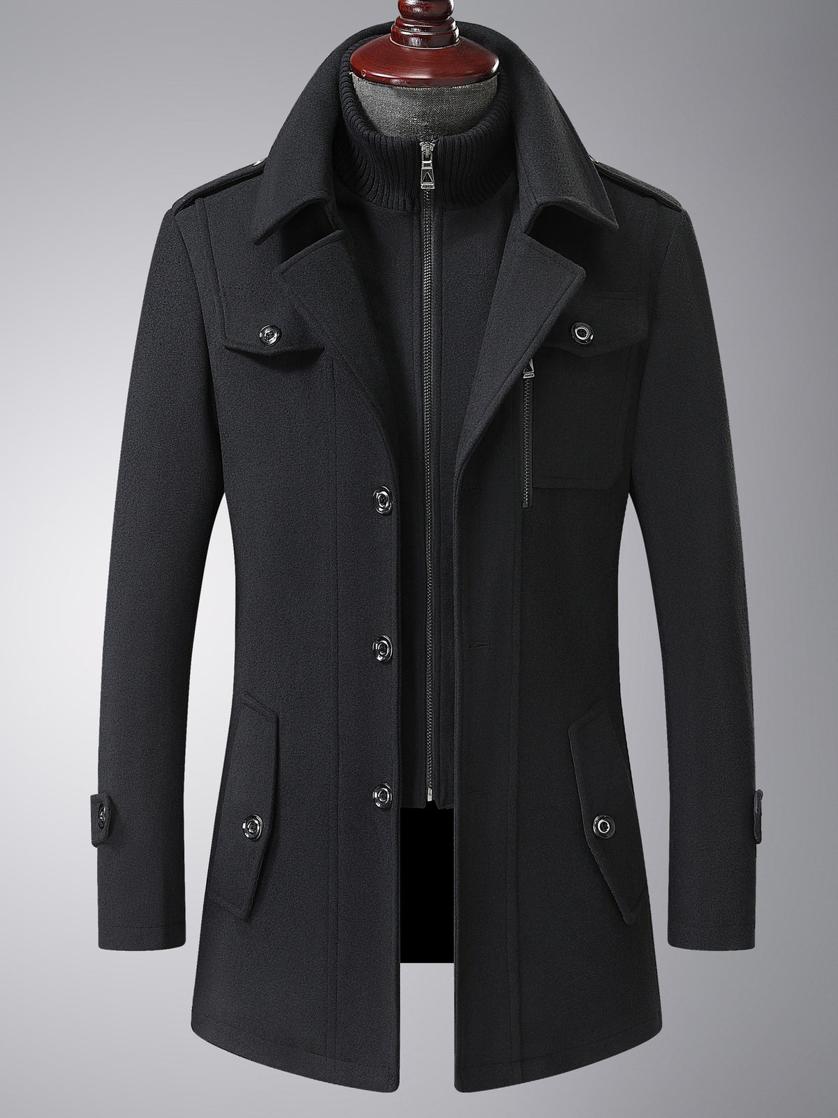 Men's wool tweed coat shown from the front for winter