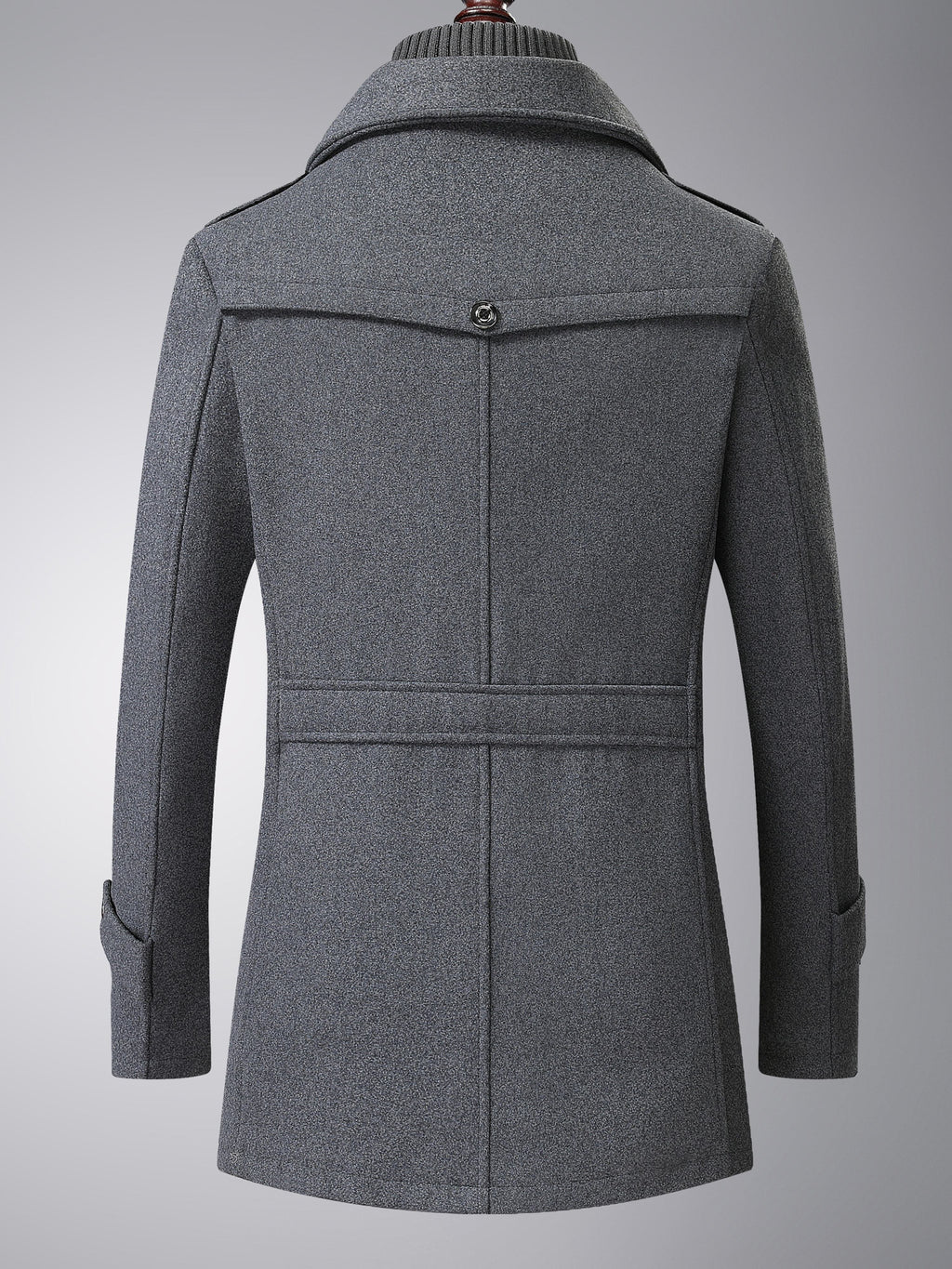 Close-up of the men's wool tweed coat fabric and stitching
