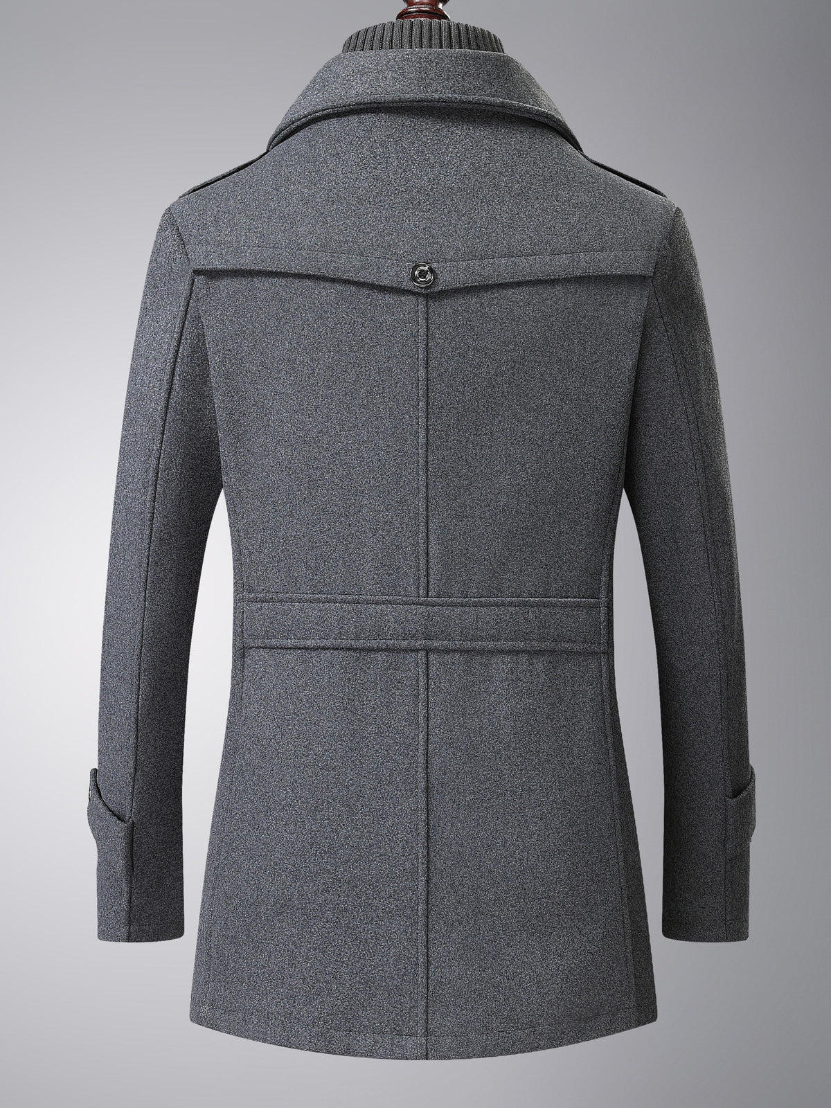 Close-up of the men's wool tweed coat fabric and stitching