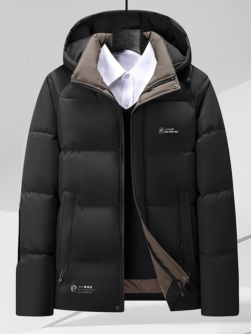 Men's short hooded winter jacket shown from the front for winter