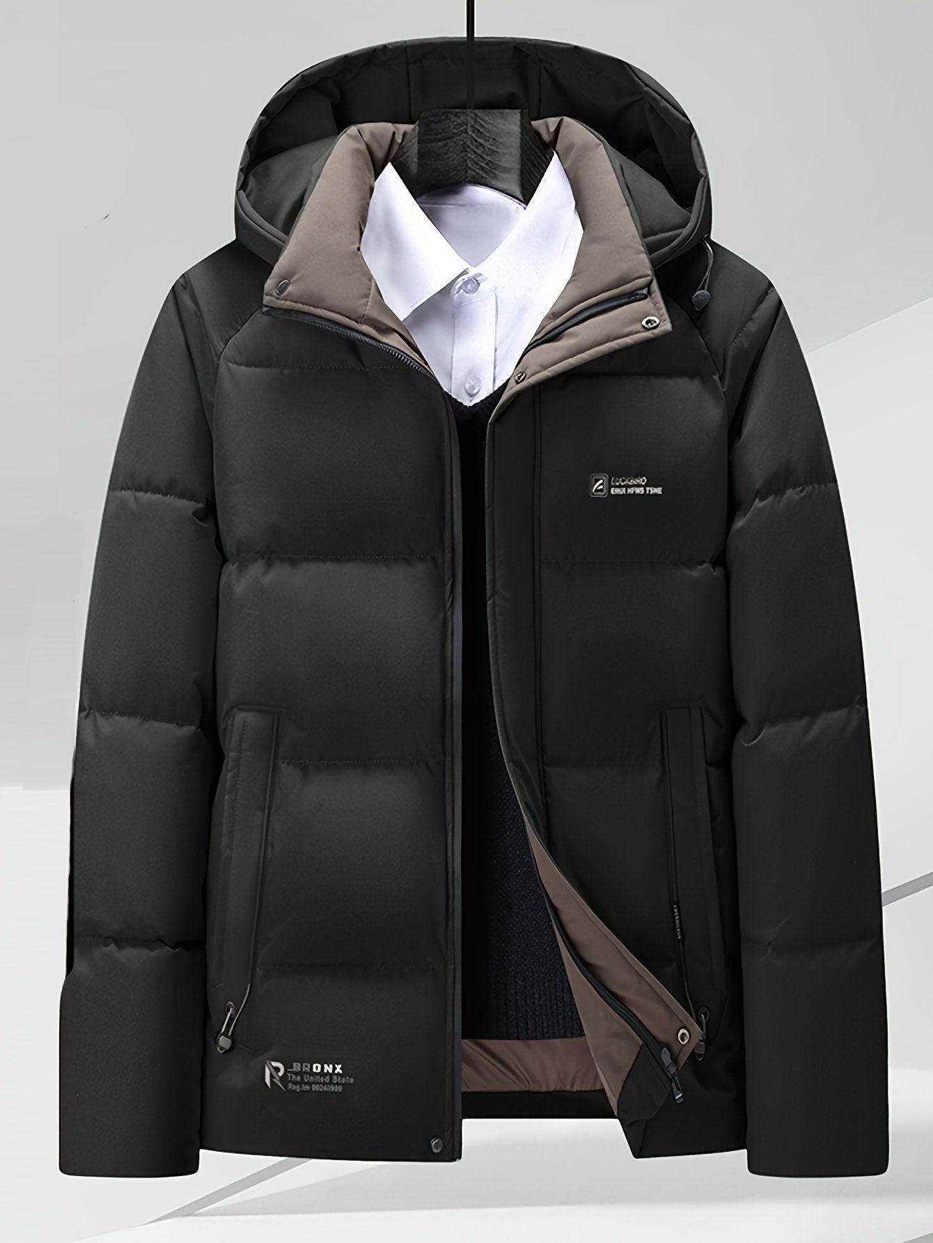 Men's short hooded winter jacket shown from the front for winter