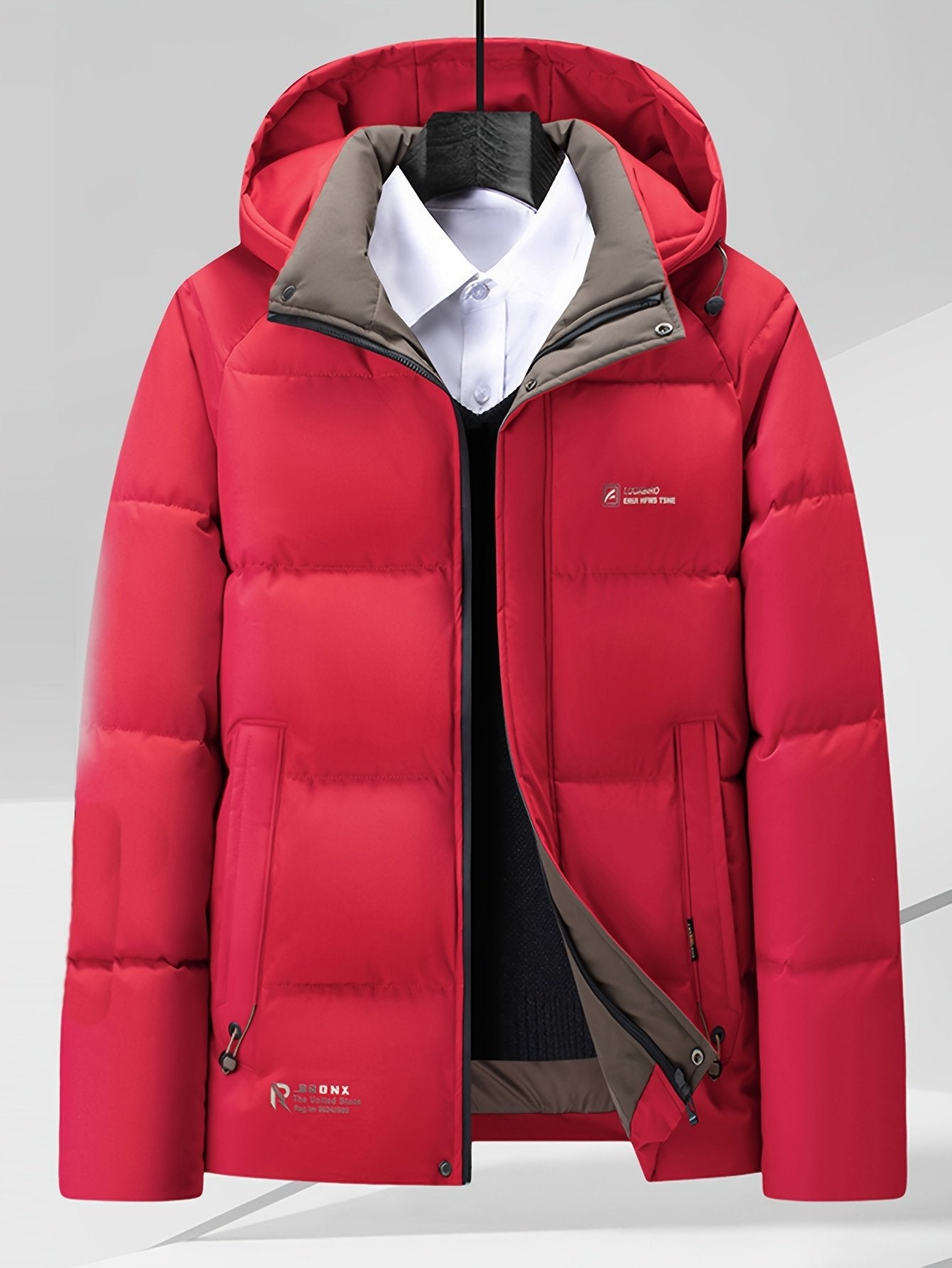 Side view of the men's short hooded winter jacket showing the fit