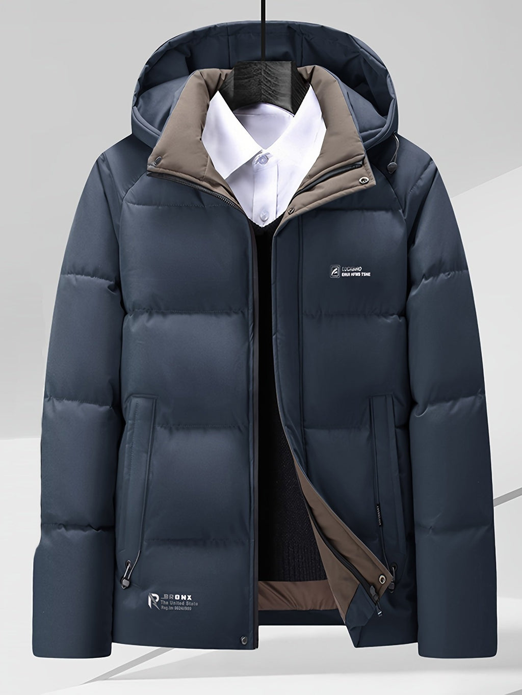 Back view of the men's short hooded winter jacket