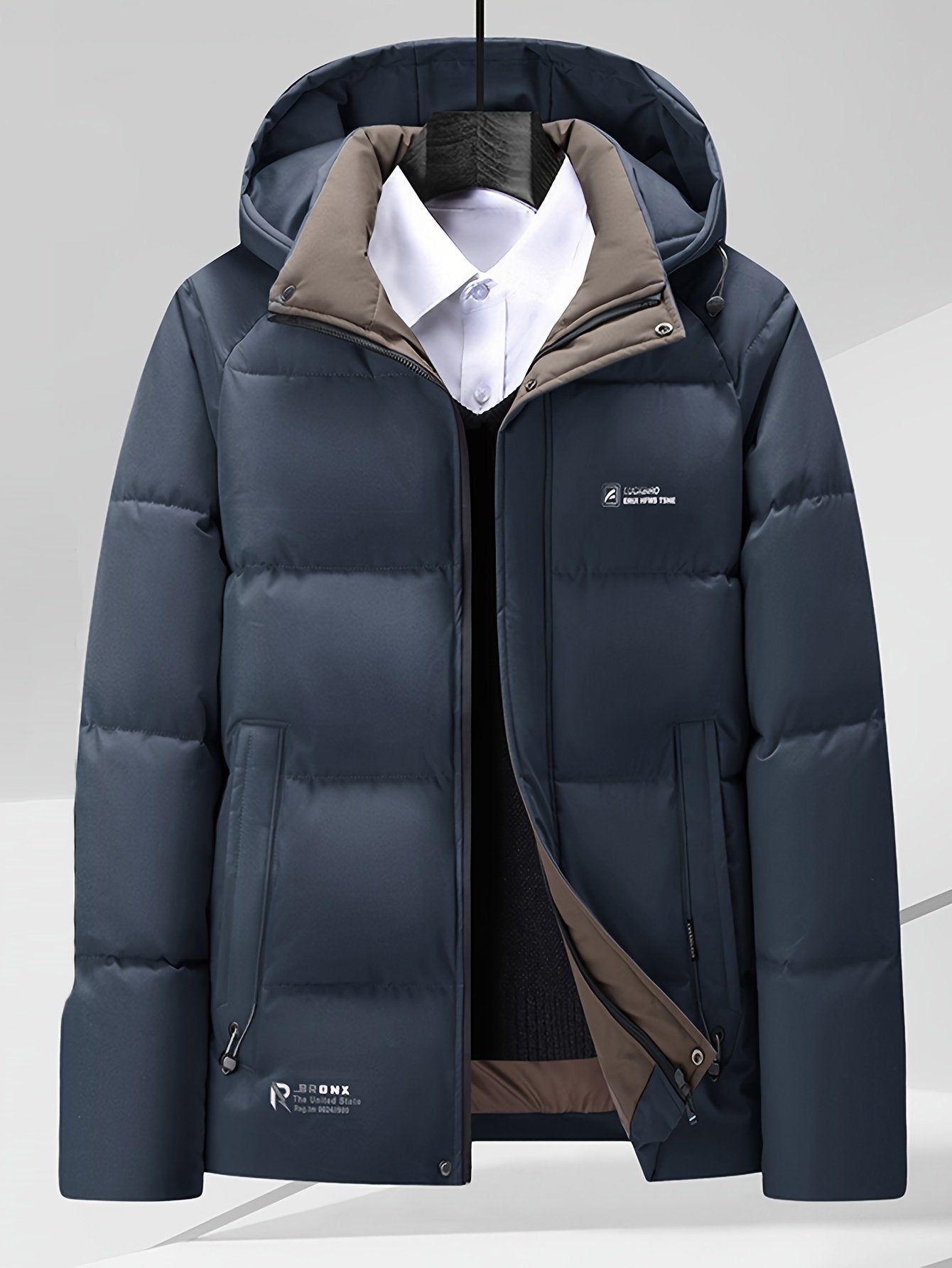 Back view of the men's short hooded winter jacket