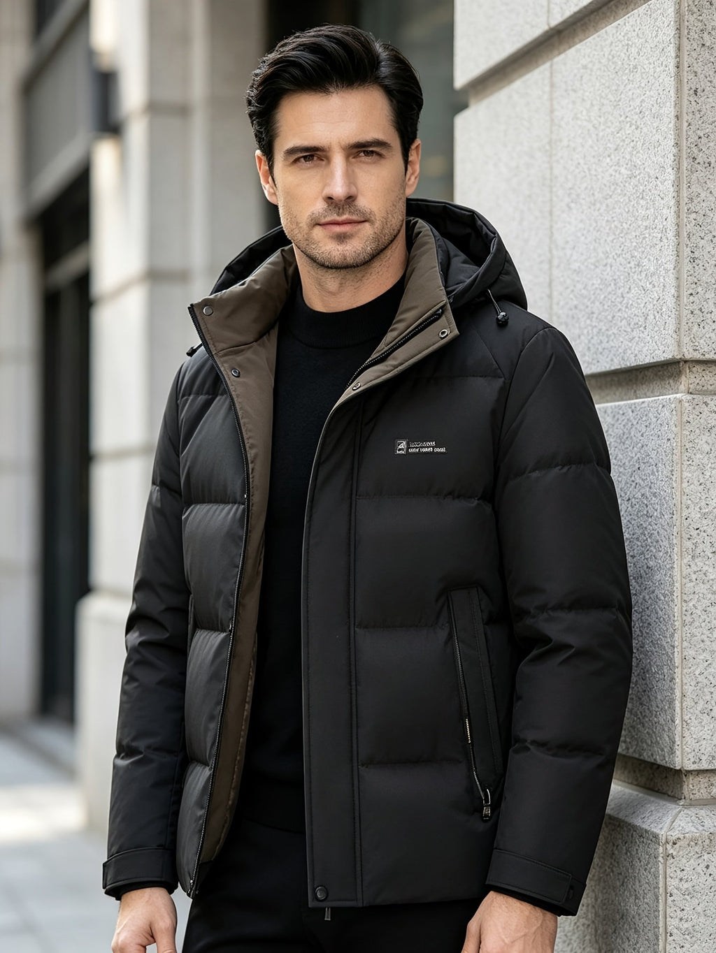 Collar and fastening detail of the men's short hooded winter jacket